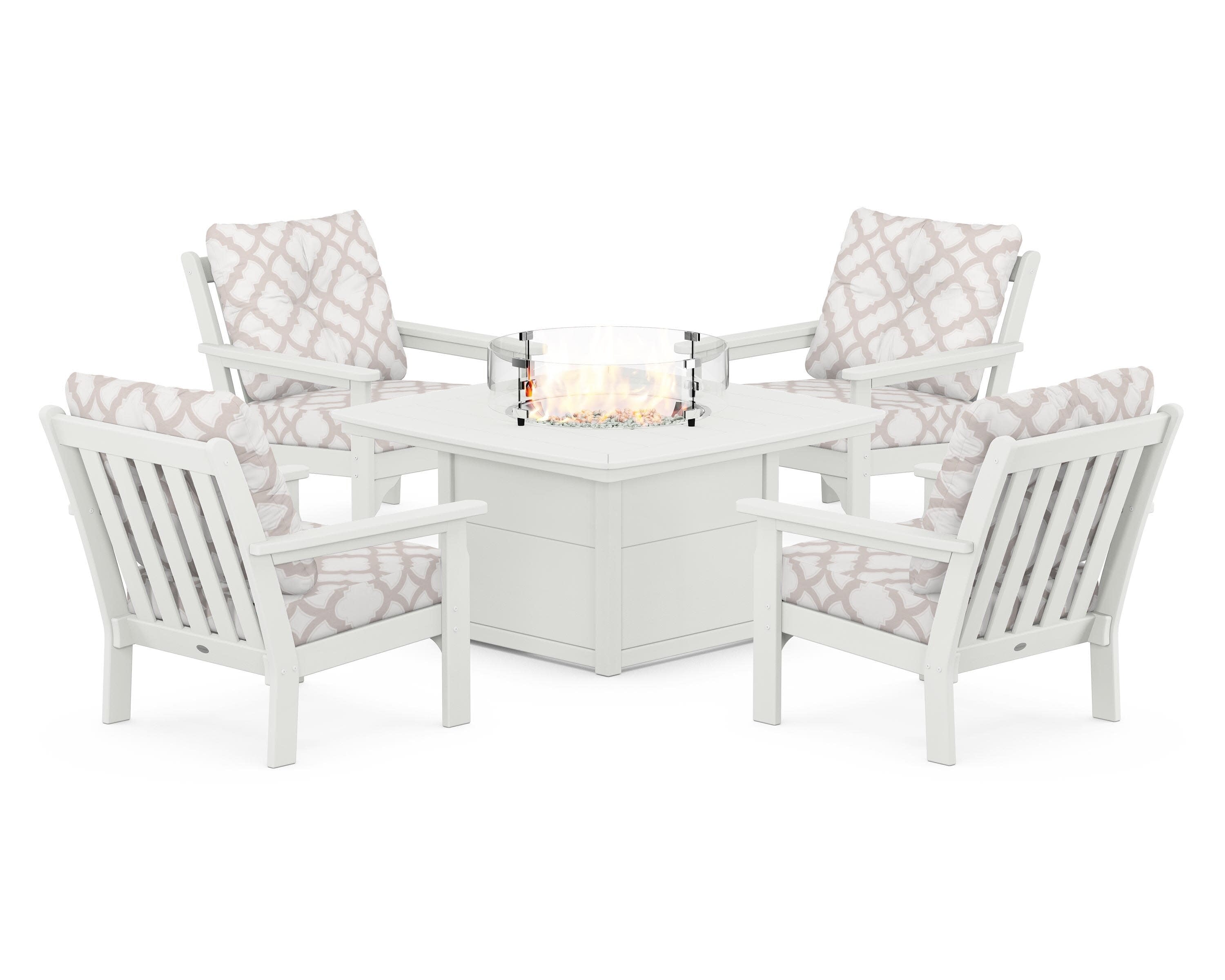Vineyard 5-Piece Conversation Set with Fire Pit Table in Vintage White / Trellis Dune Burlap