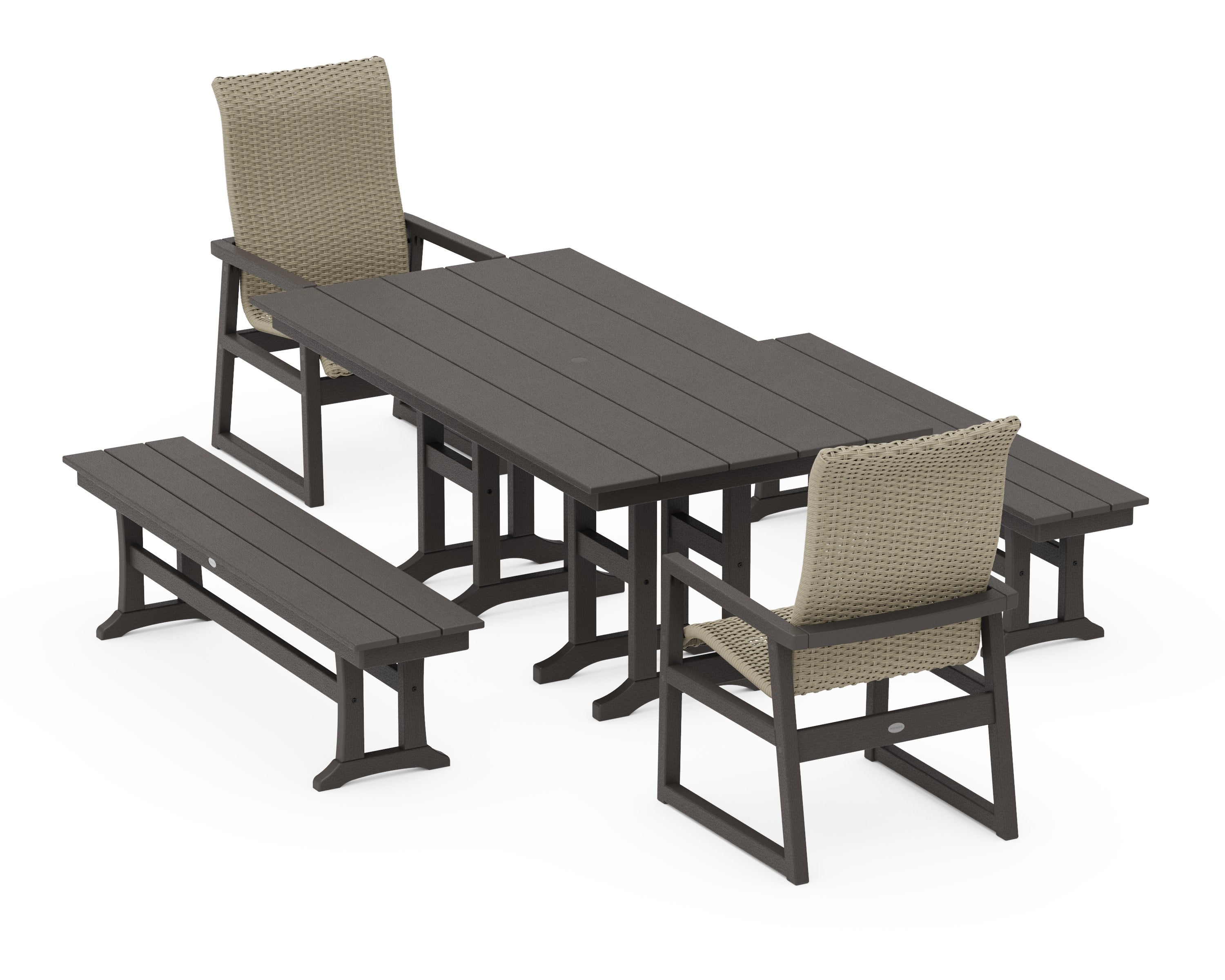 EDGE Woven Highback 5-Piece Farmhouse Dining Set with Benches in Vintage Coffee / Dune Grass