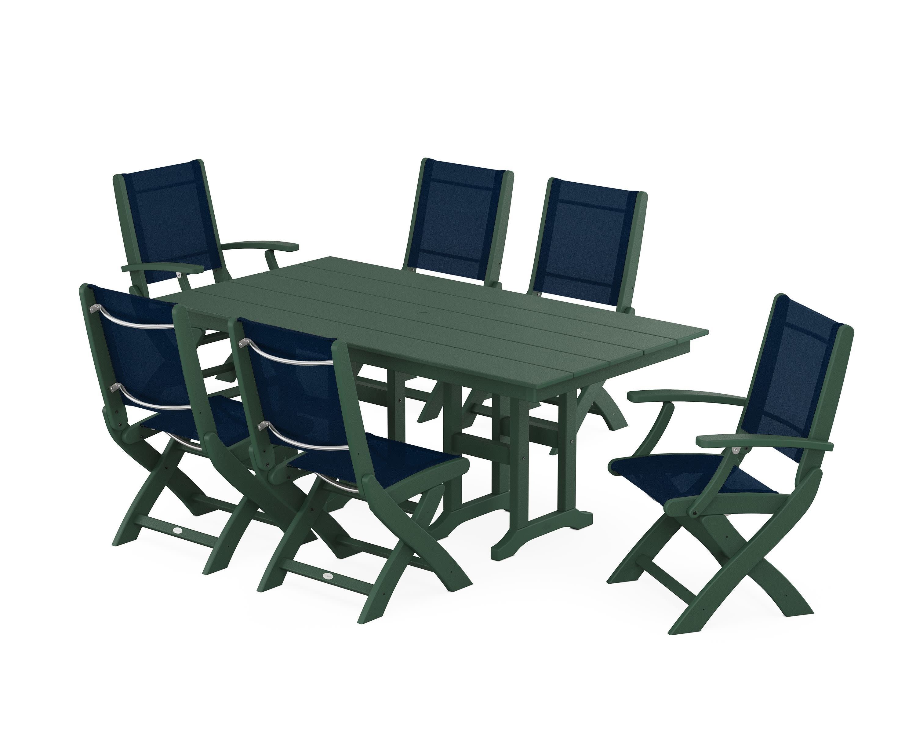 Coastal Folding Chair 7-Piece Farmhouse Dining Set in Green / Navy Blue Sling