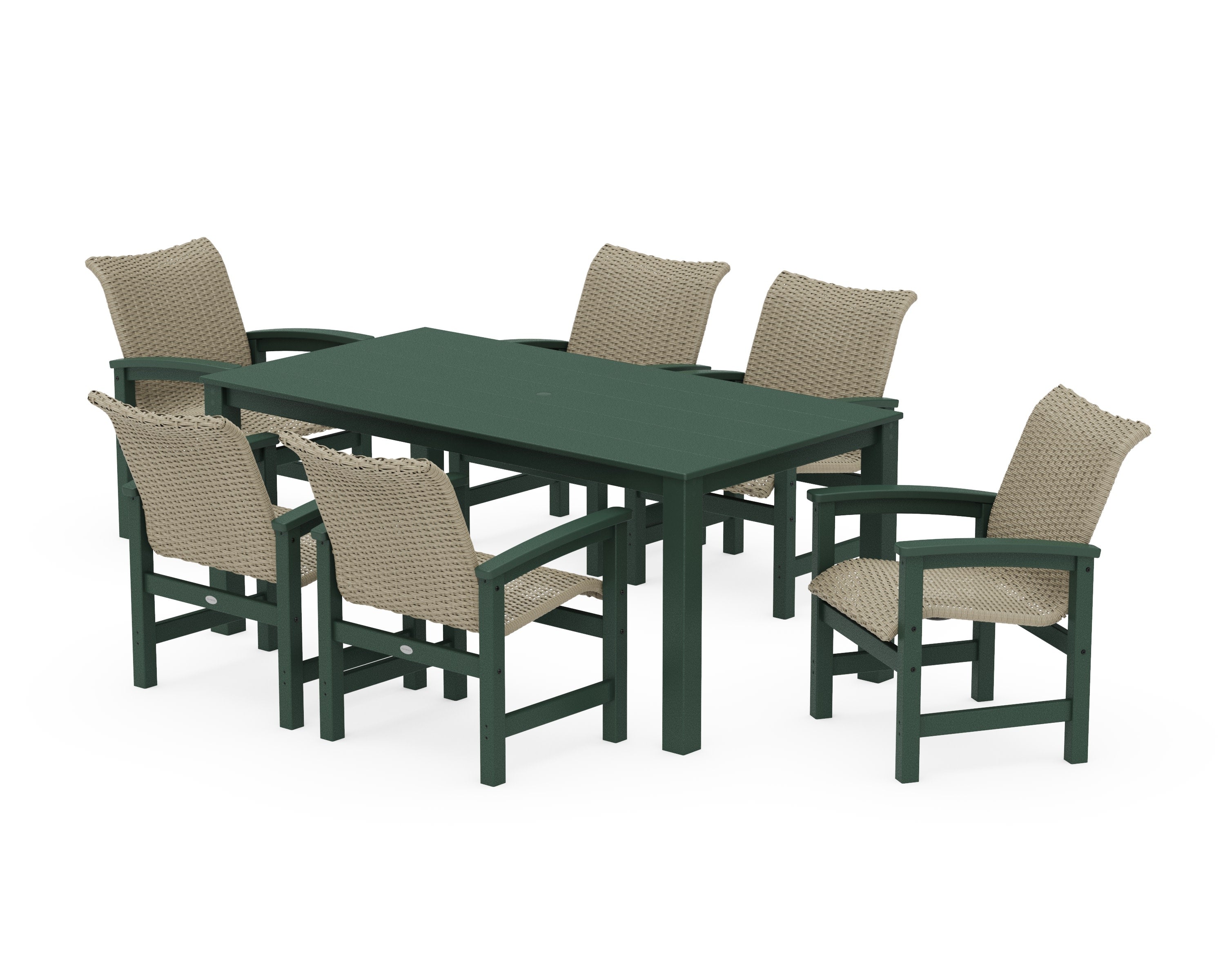 Coastal Woven Arm Chair 7-Piece Parsons Dining Set in Green / Dune Grass