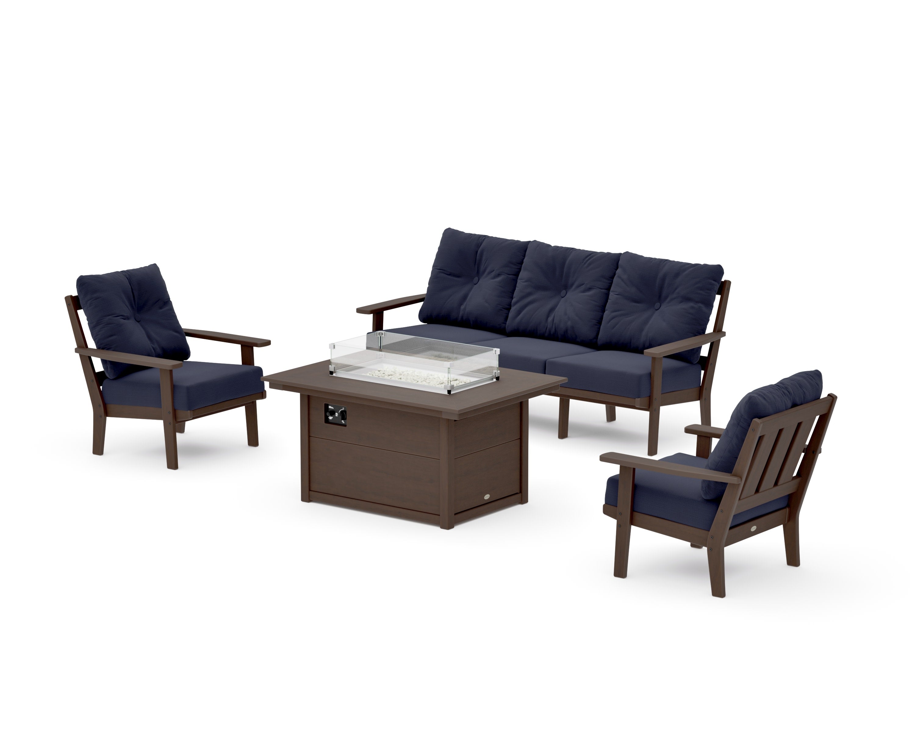 Oxford Deep Seating Fire Pit Table Set in Kona / Navy Linen