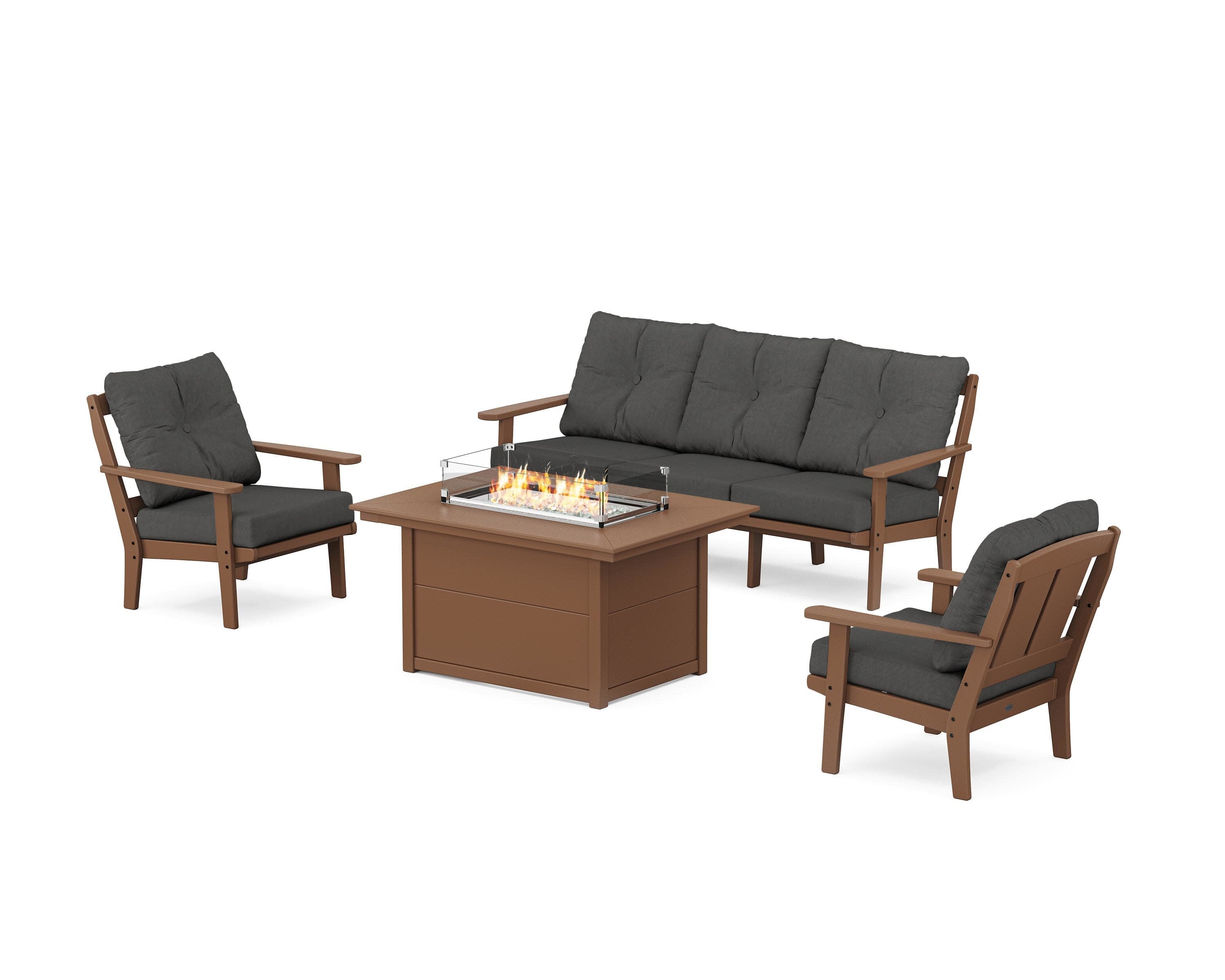 Mission Deep Seating Fire Pit Table Set in Teak / Spectrum Carbon