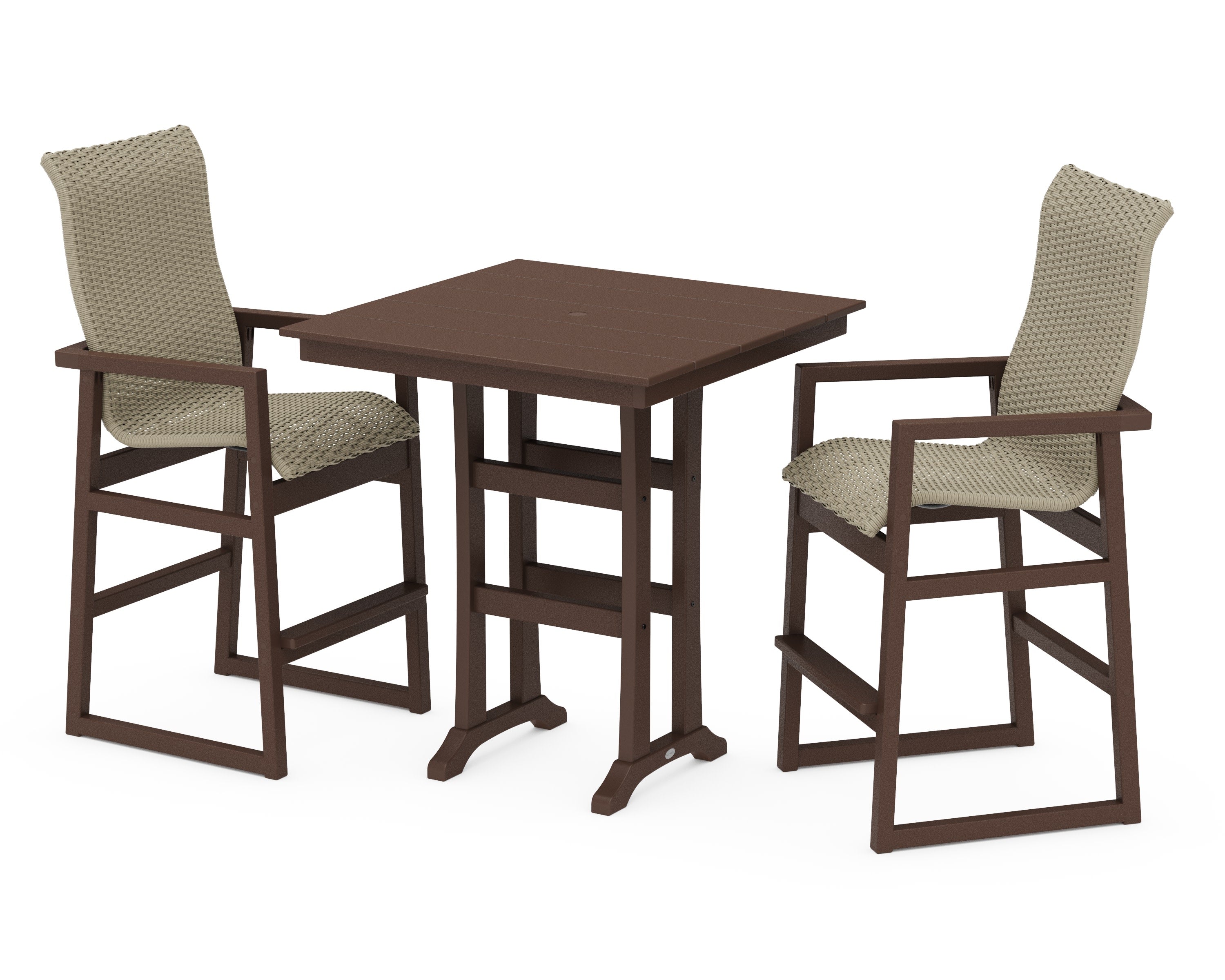EDGE Woven Highback 3-Piece Farmhouse Bar Set with Trestle Legs in Mahogany / Dune Grass