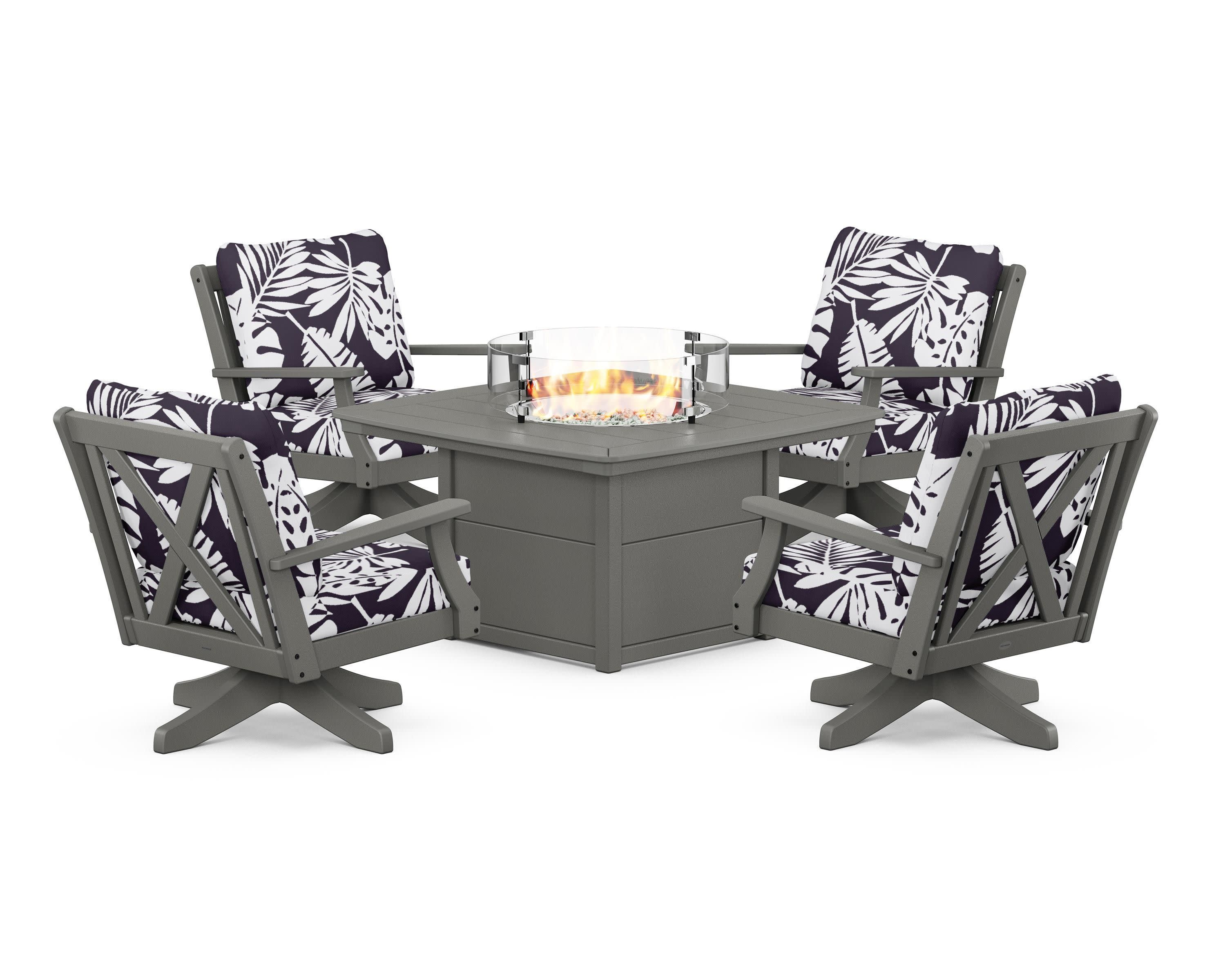 Braxton 5-Piece Deep Seating Swivel Conversation Set with Fire Pit Table in Slate Grey / Leaf Navy