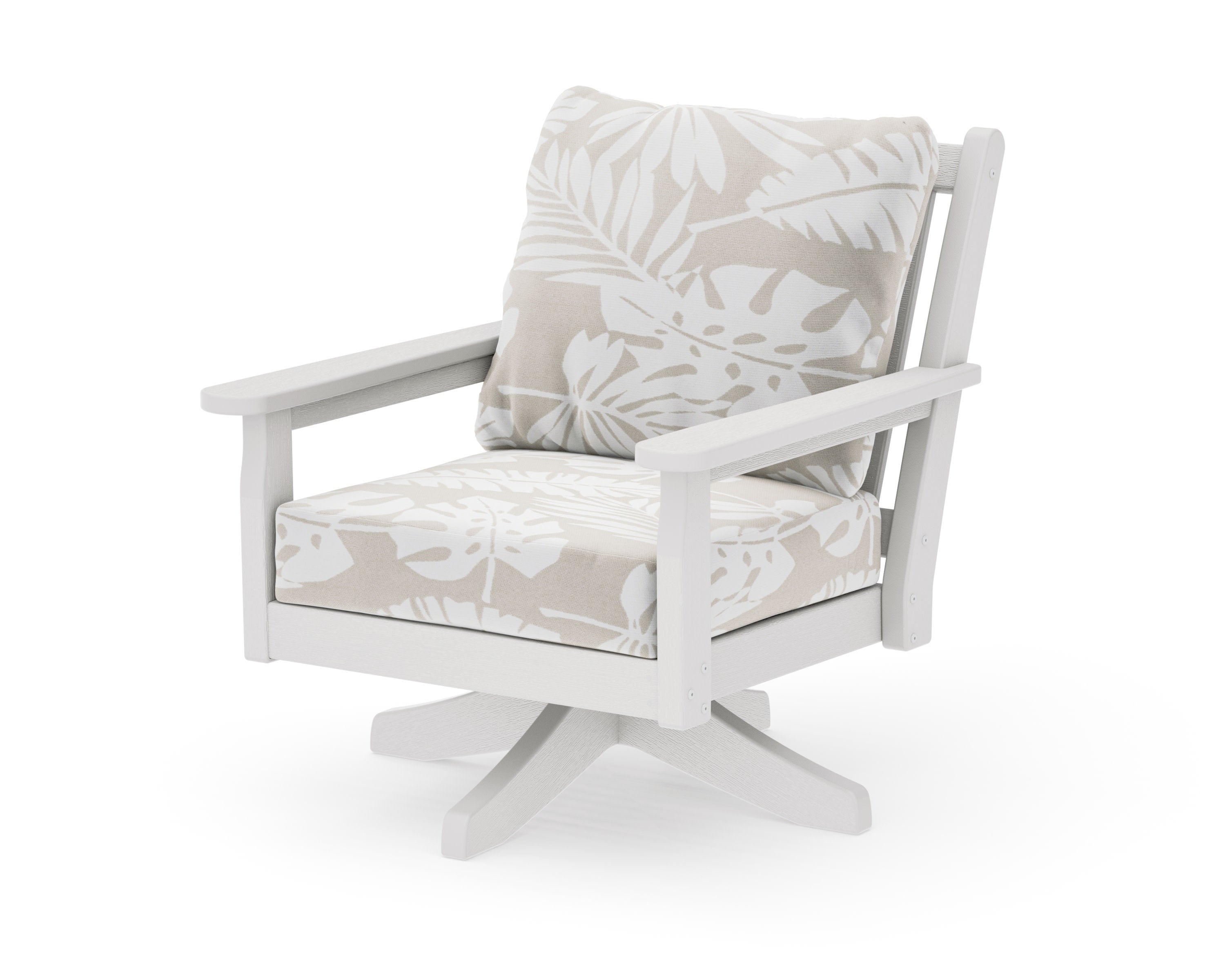 Chippendale Deep Seating Swivel Chair in Vintage White / Leaf Dune Burlap