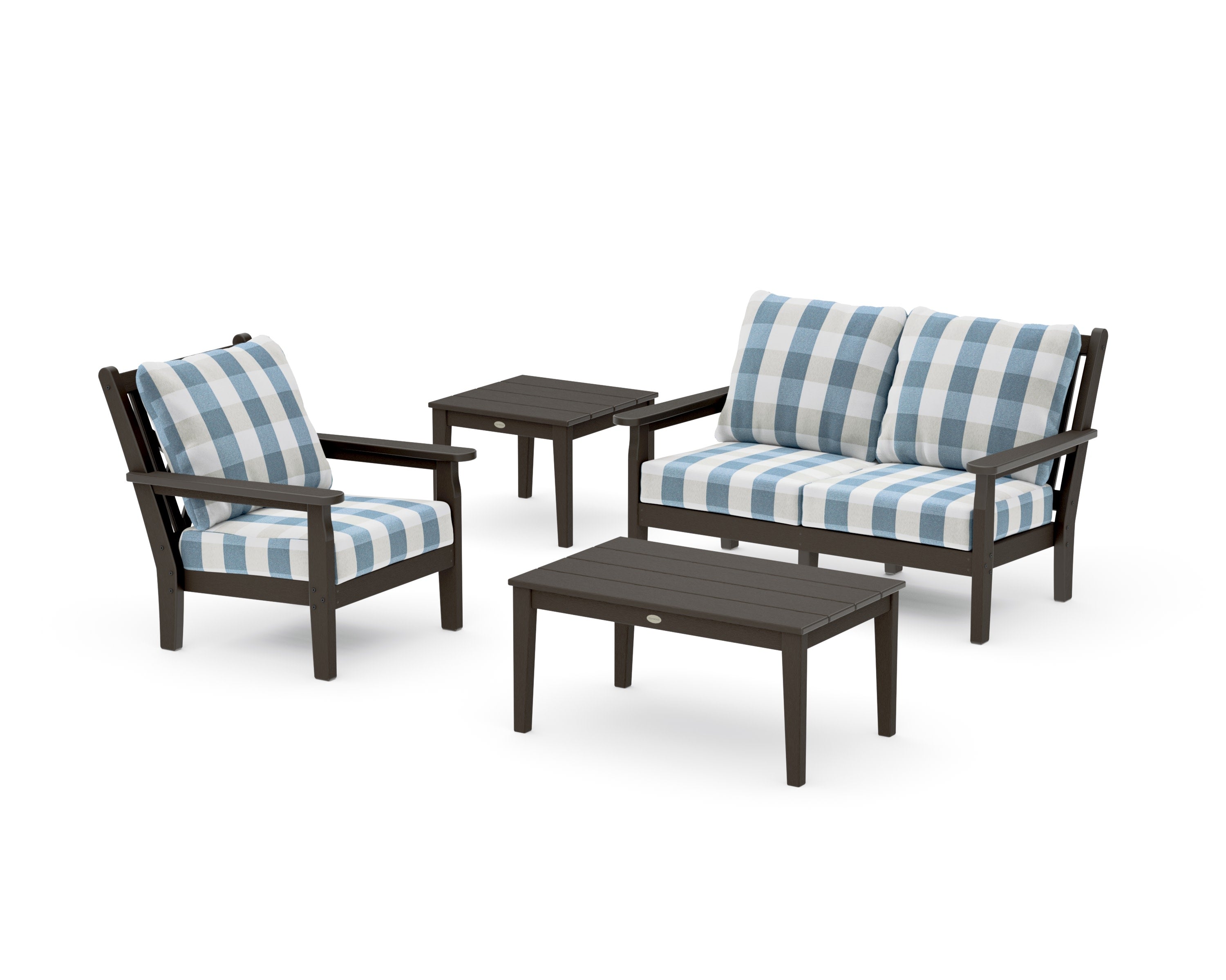 Chippendale 4-Piece Deep Seating Set in Vintage Coffee / Buffalo Plaid Sky Blue
