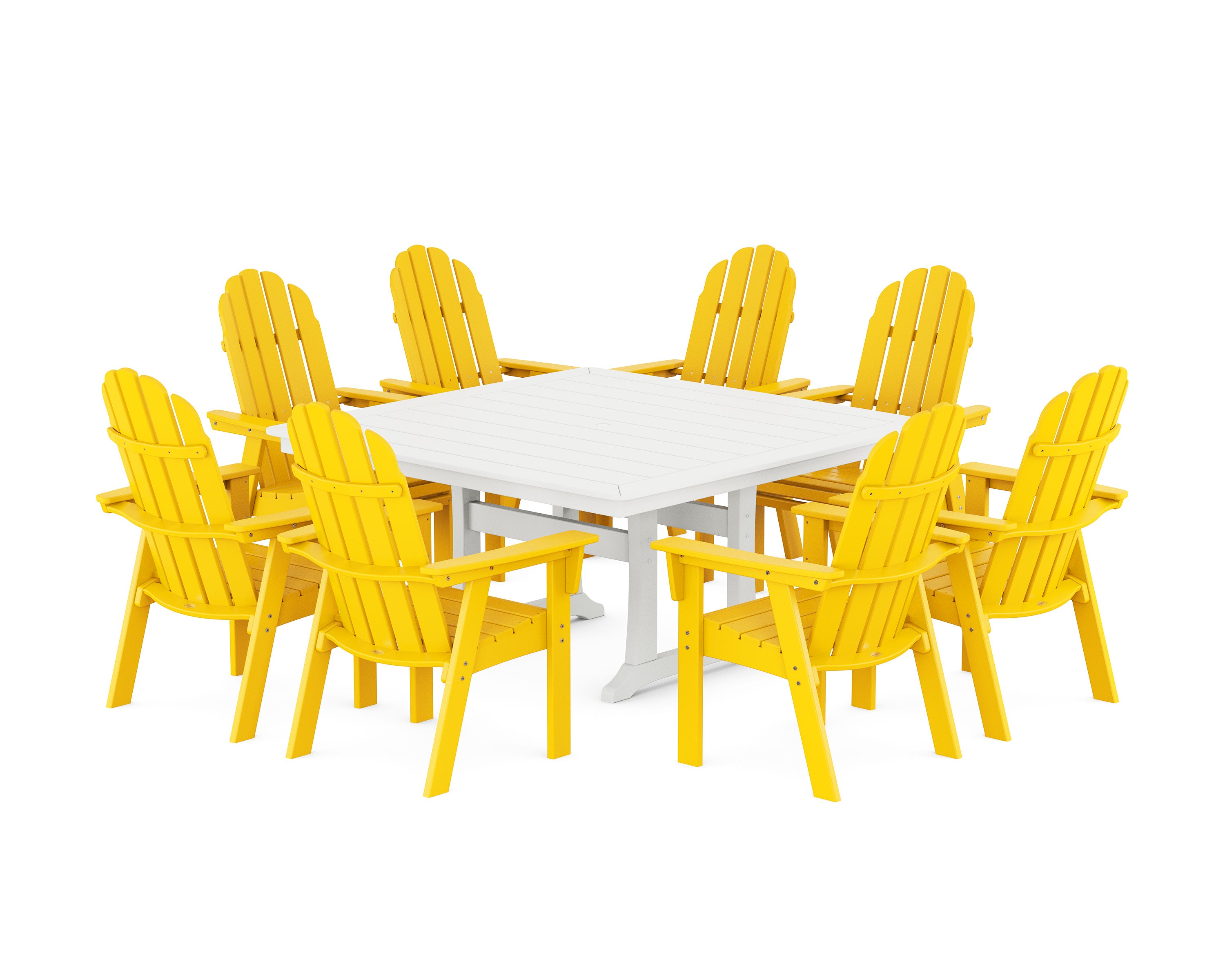 Vineyard Curveback Adirondack 9-Piece Nautical Trestle Dining Set in Lemon / White
