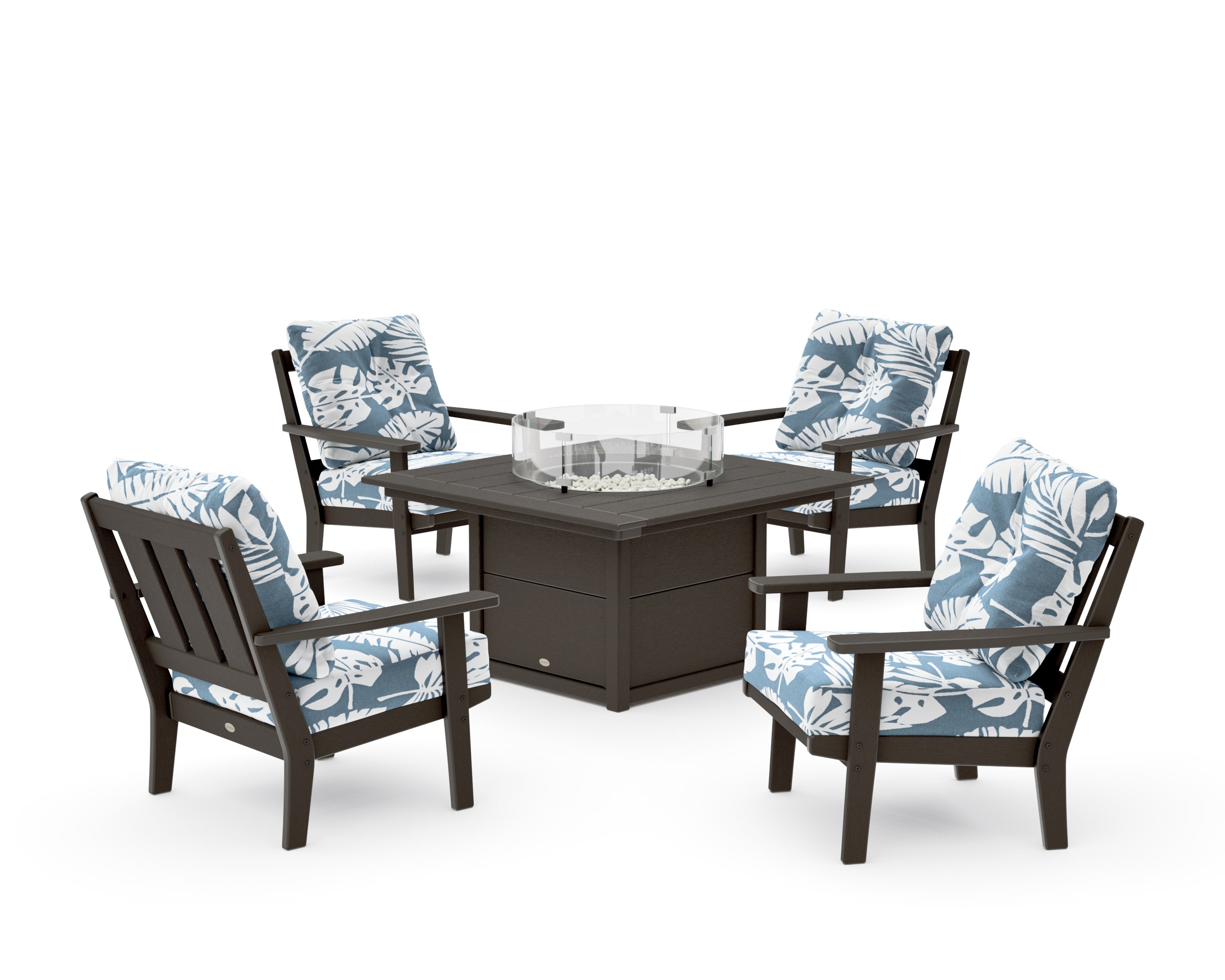 Oxford 5-Piece Deep Seating Set with Fire Pit Table in Vintage Coffee / Leaf Sky Blue