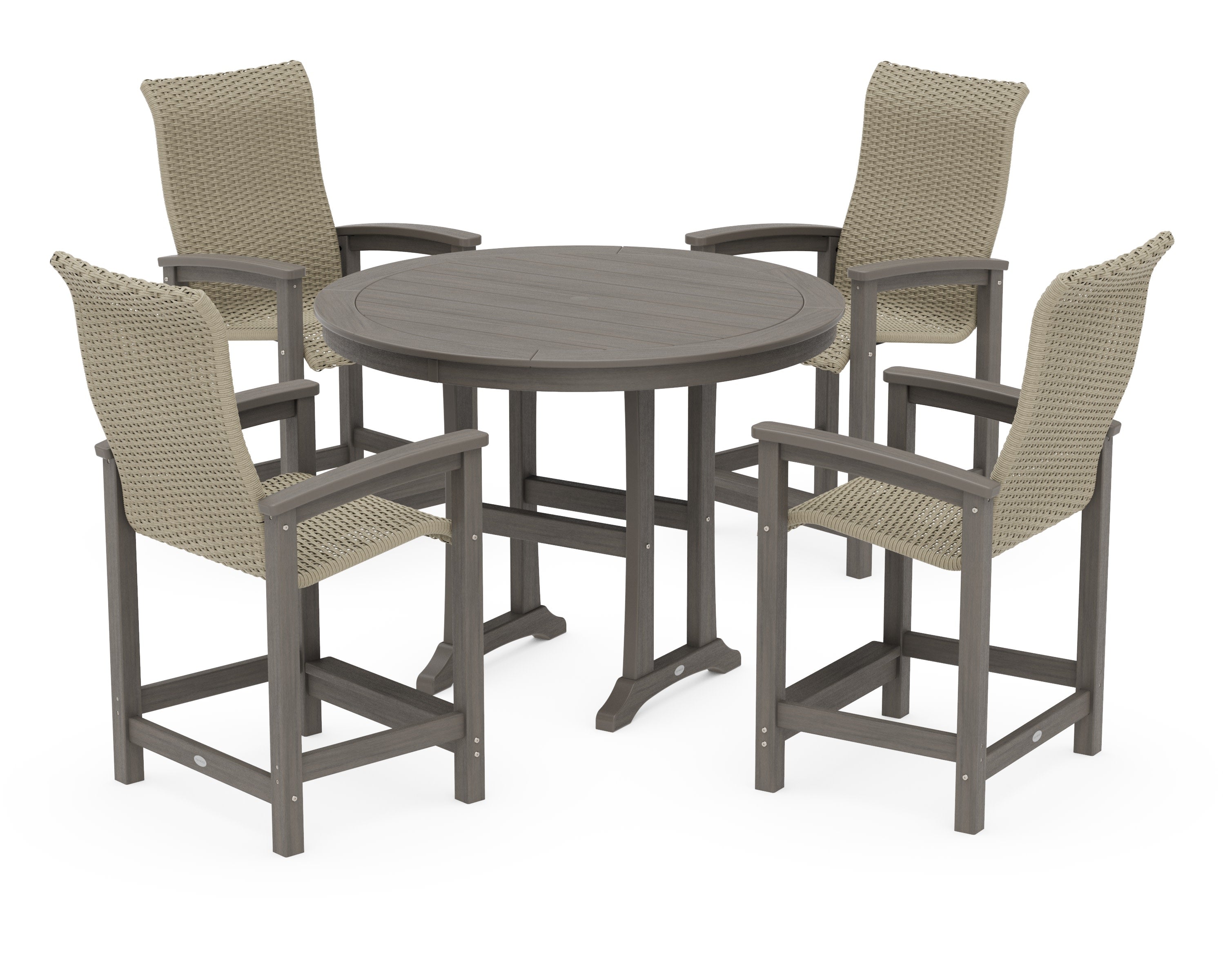 Coastal Woven High-Back 5-Piece Round Counter Set in Driftwood / Dune Grass
