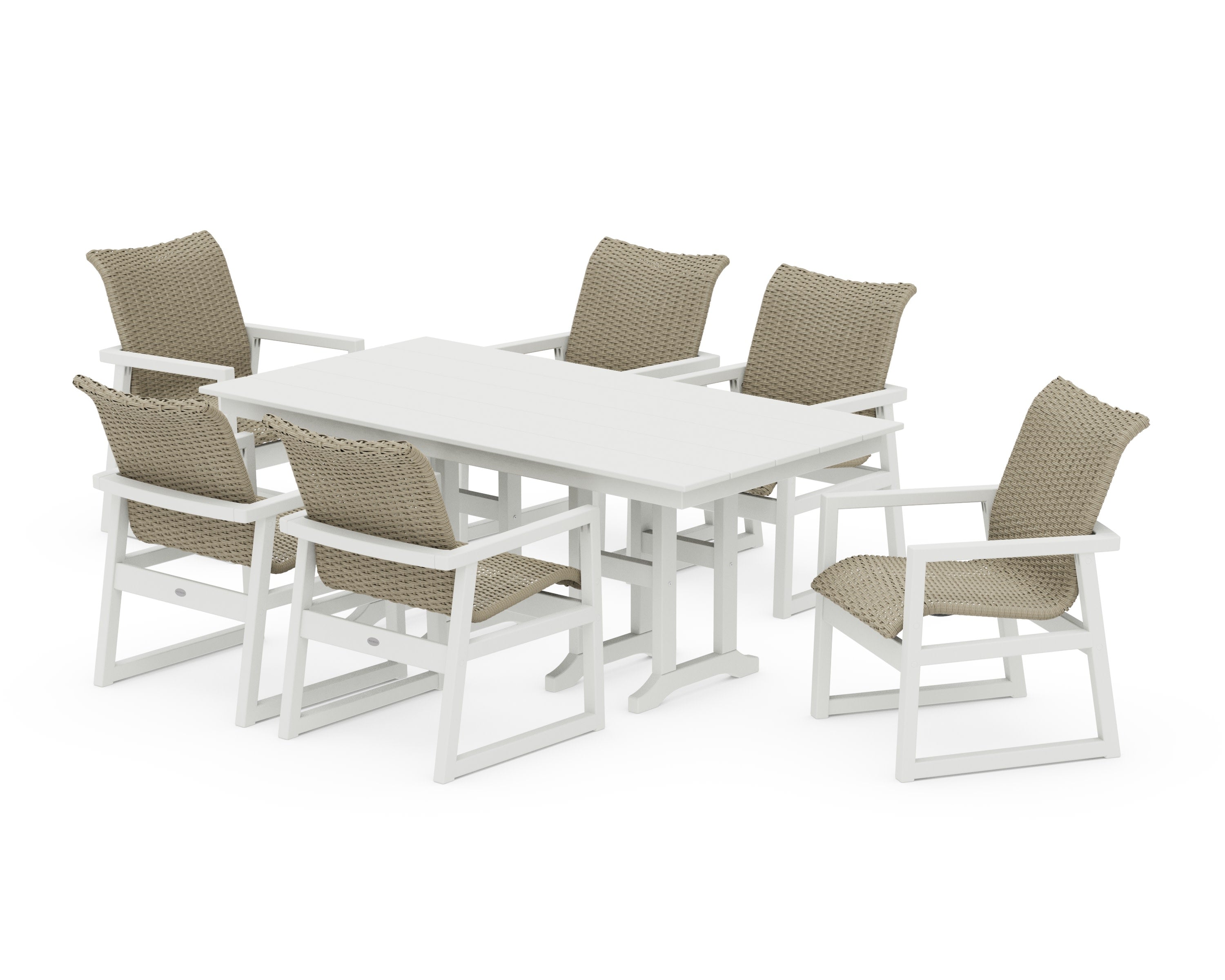 EDGE Woven Arm Chair 7-Piece Farmhouse Dining Set in White / Dune Grass