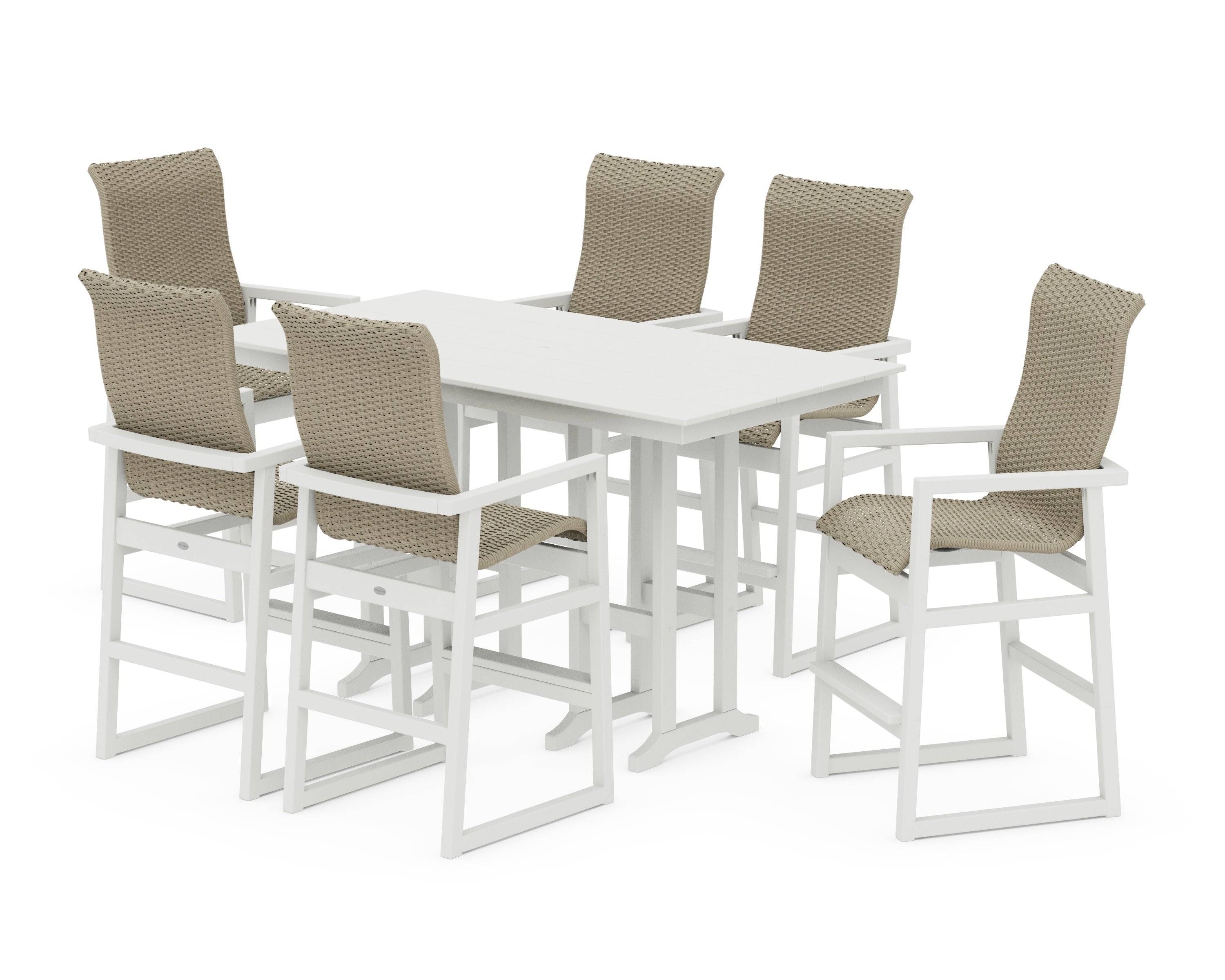 EDGE Woven Highback Arm Chair 7-Piece Farmhouse Bar Set in White / Dune Grass