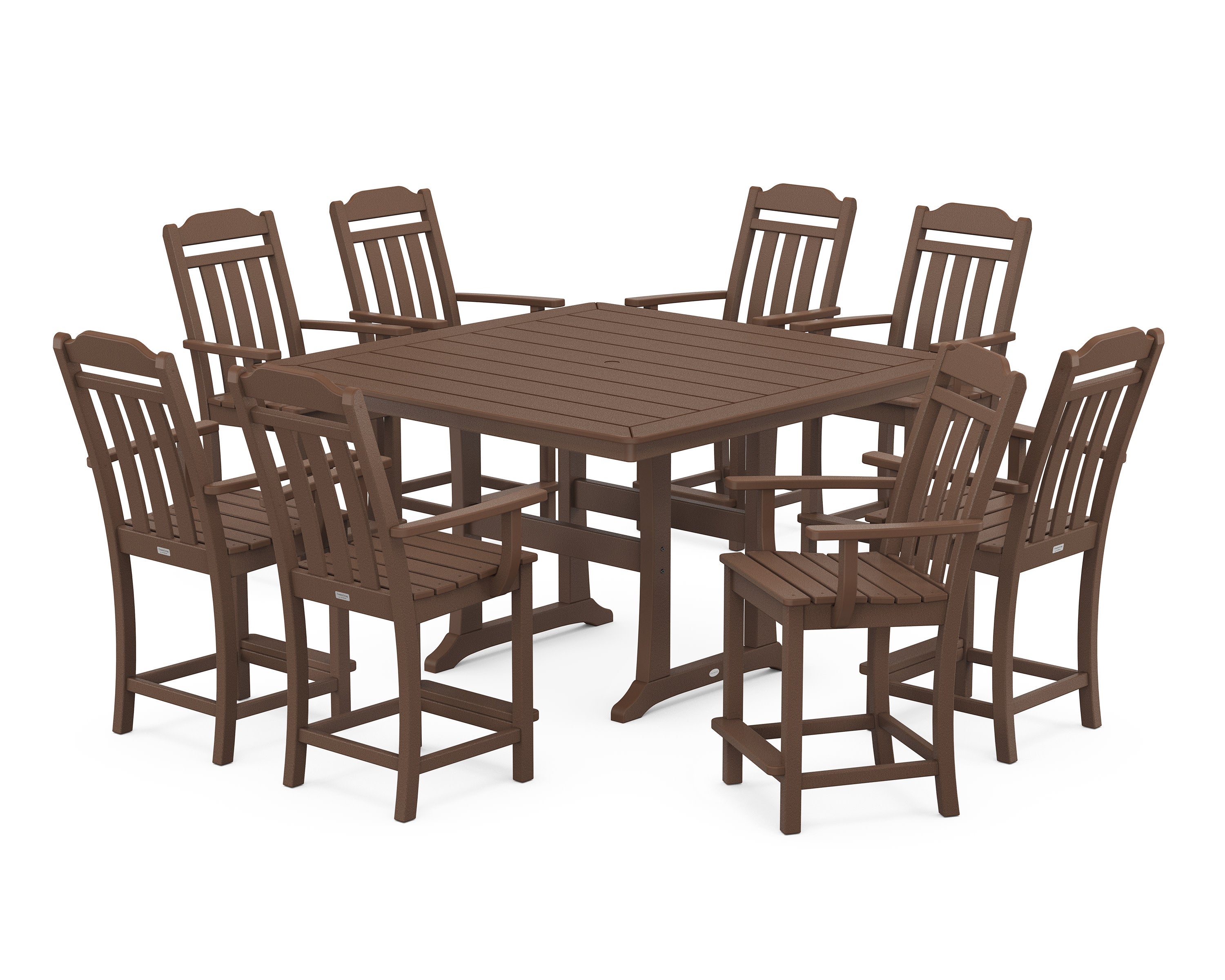 Cottage 9-Piece Square Counter Set with Trestle Legs in Mahogany