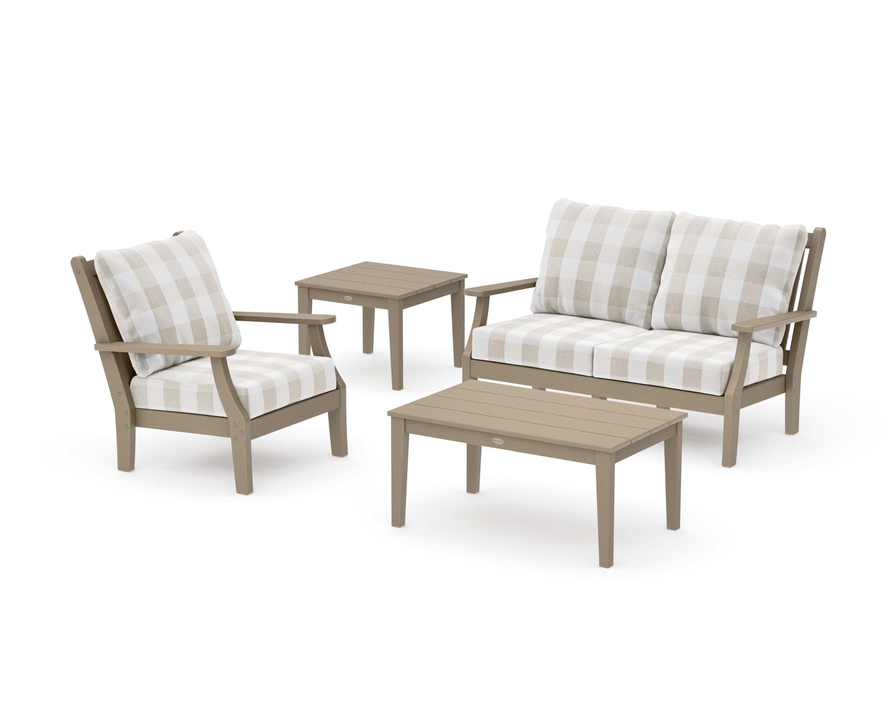 Wovendale 4-Piece Deep Seating Set in Vintage Sahara / Buffalo Plaid Dune Burlap