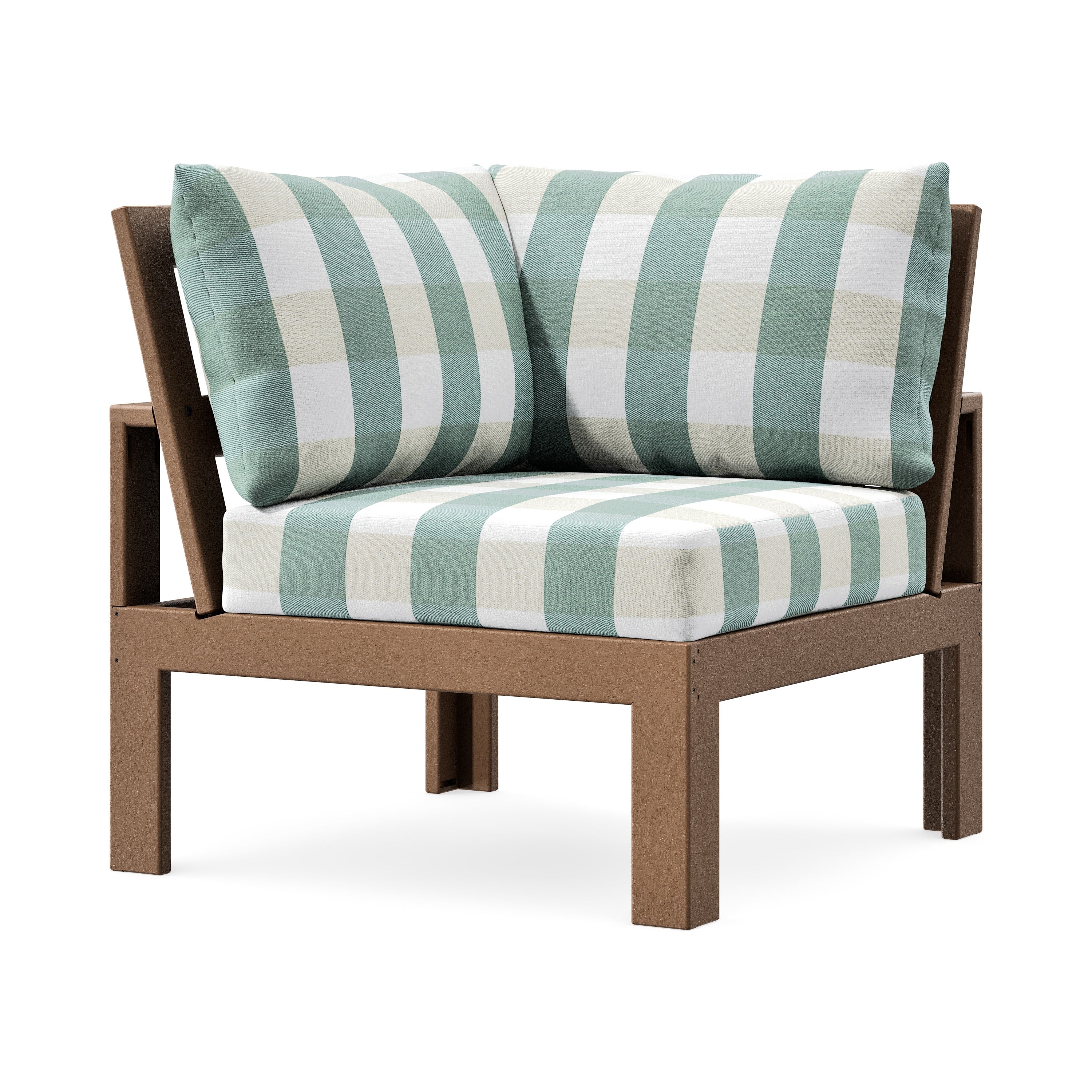 Modular Corner Chair in Teak / Buffalo Plaid Glacier Spa