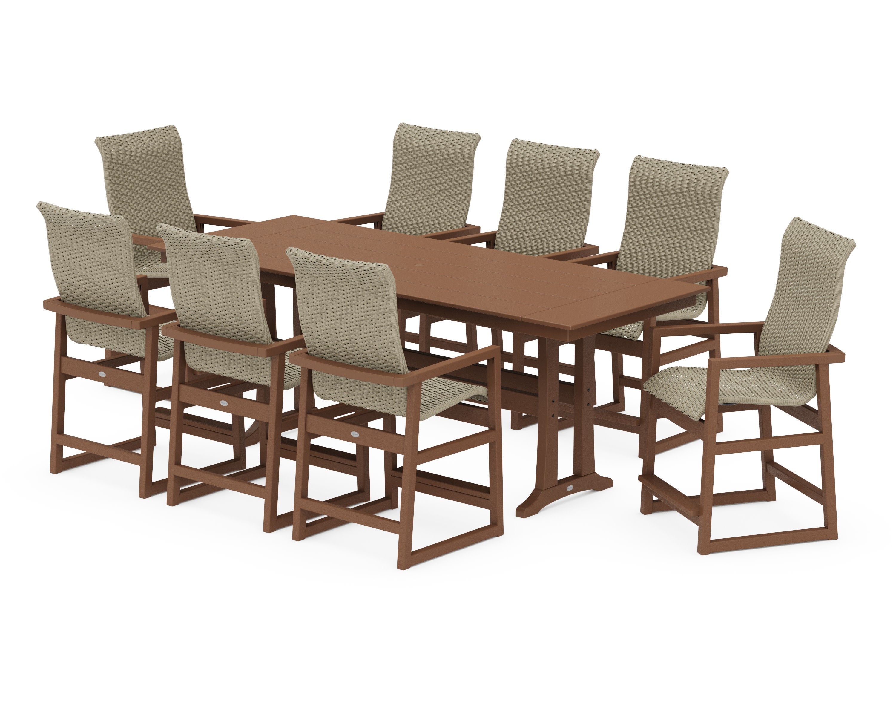 EDGE Woven Highback 9-Piece Farmhouse Counter Set with Trestle Legs in Teak / Dune Grass