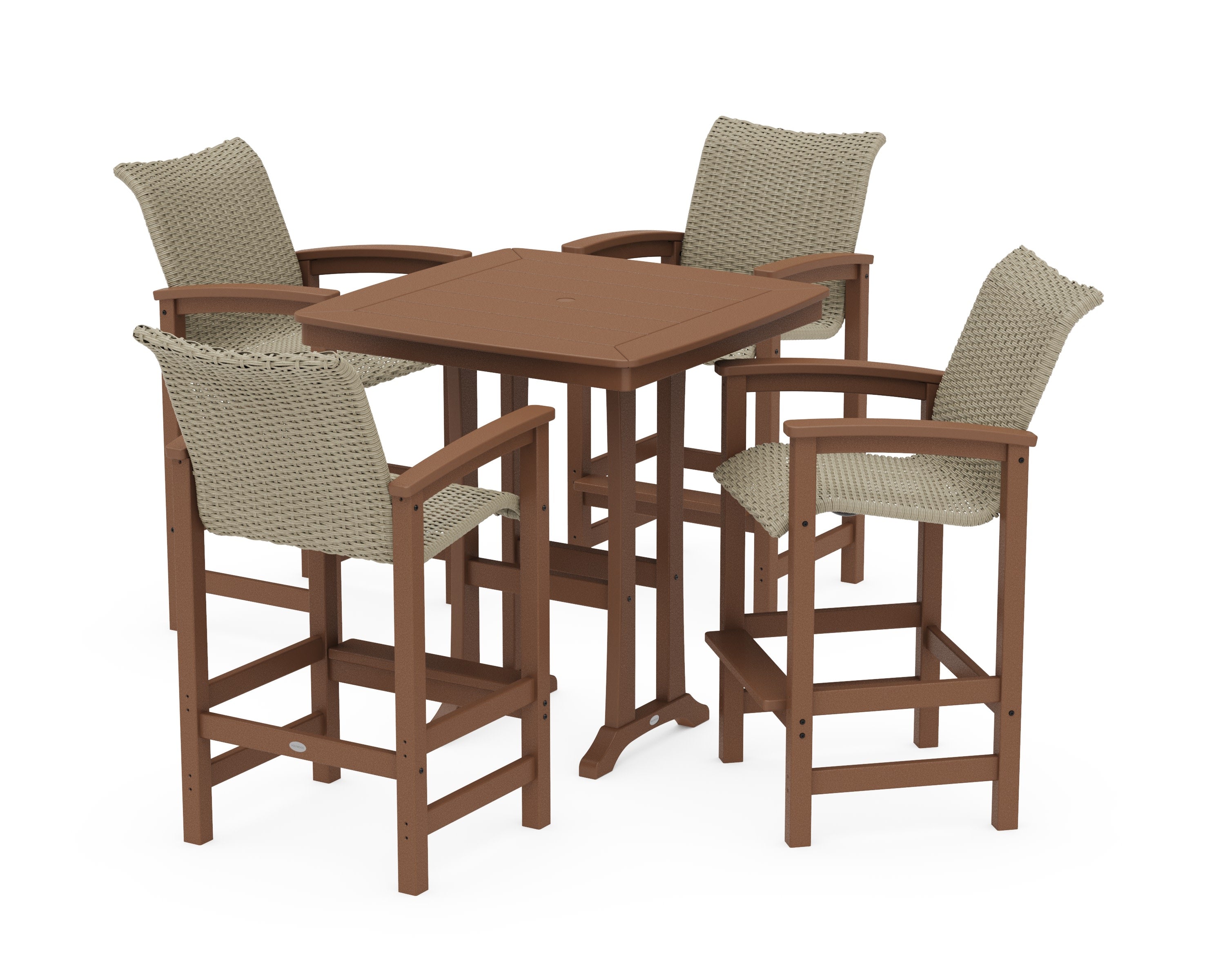 Coastal Woven 5-Piece Bar Set with Trestle Legs in Teak / Dune Grass