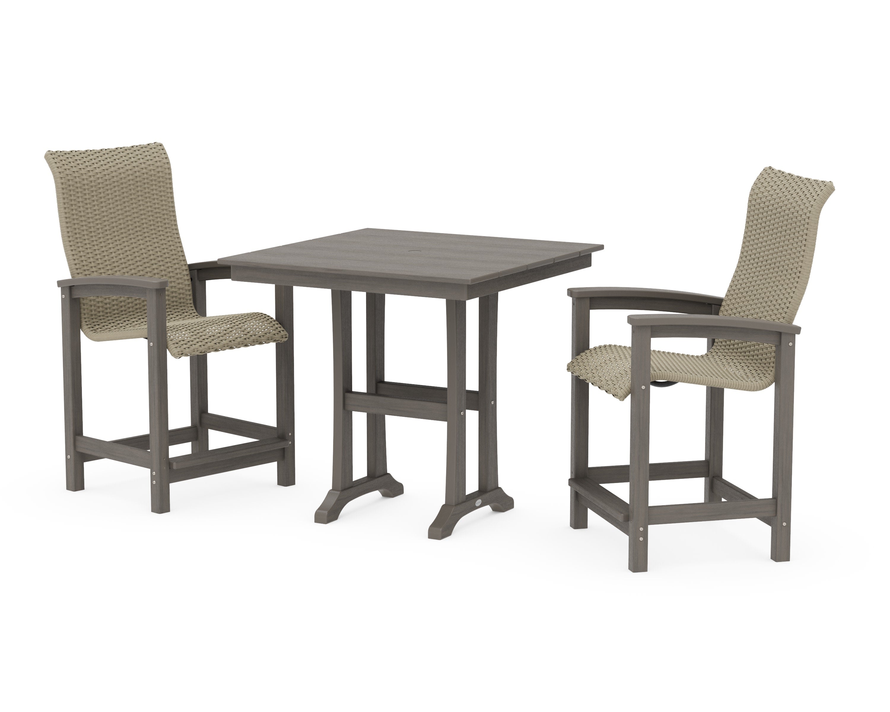 Coastal Woven High-Back 3-Piece Farmhouse Counter Set with Trestle Legs in Driftwood / Dune Grass