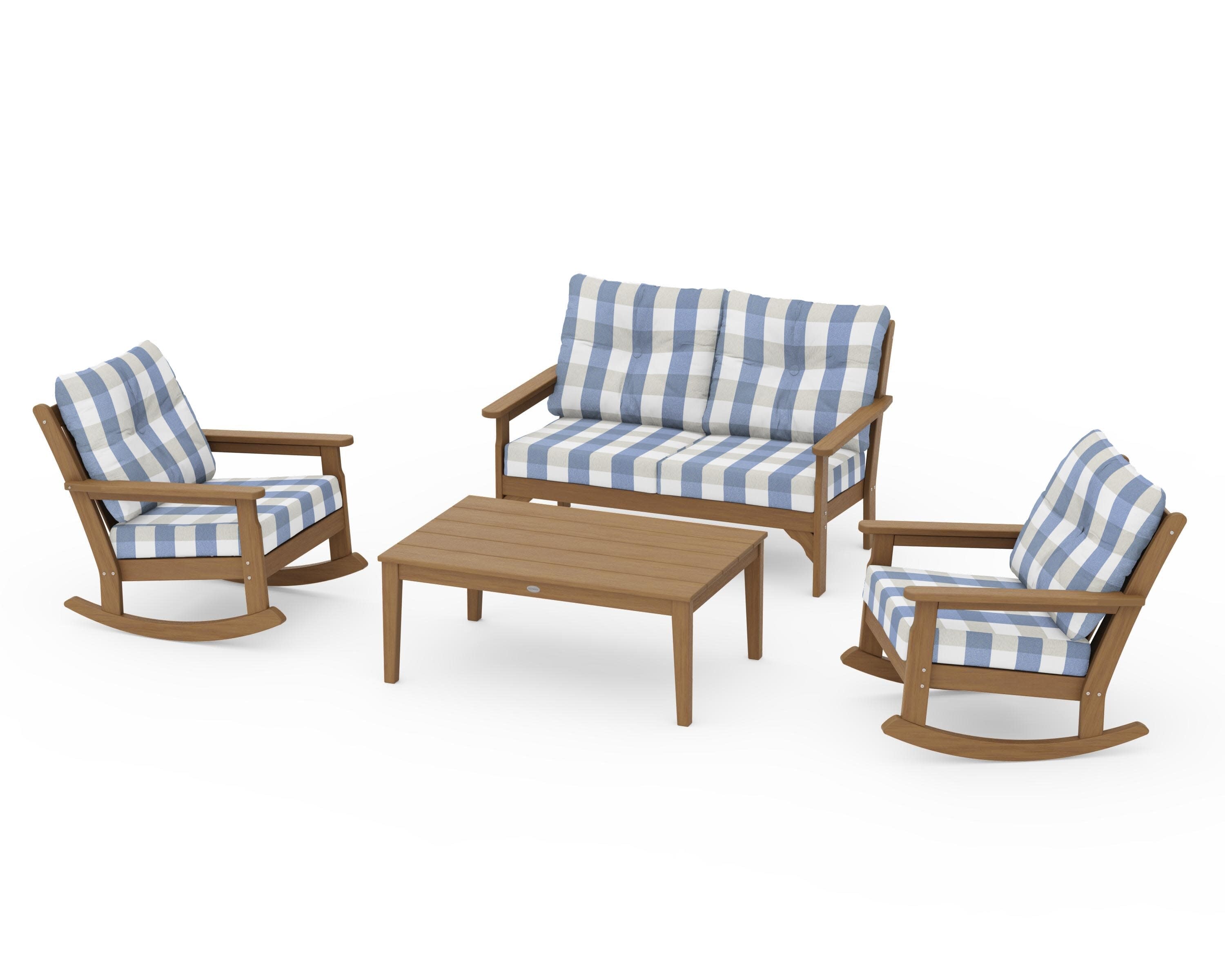 Vineyard 4-Piece Deep Seating Rocking Chair Set in Natural / Buffalo Plaid Sky Blue