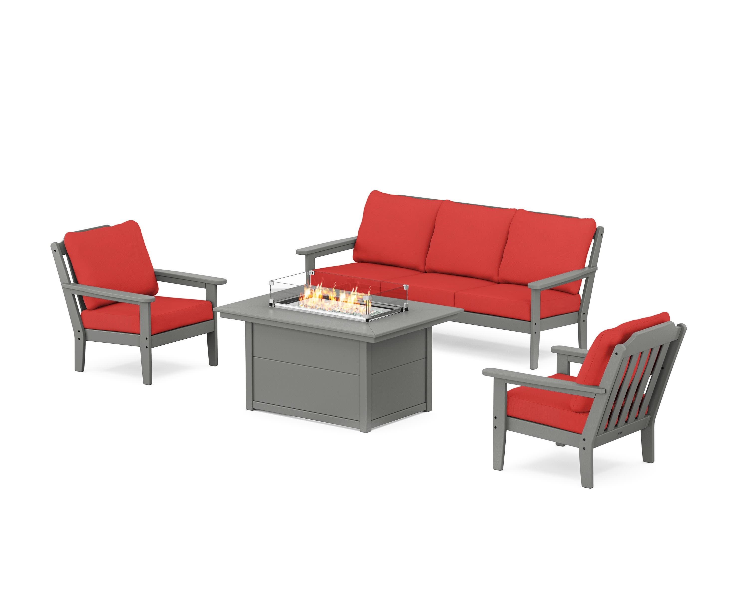 Cottage Deep Seating Fire Pit Table Set in Slate Grey / Crimson Linen