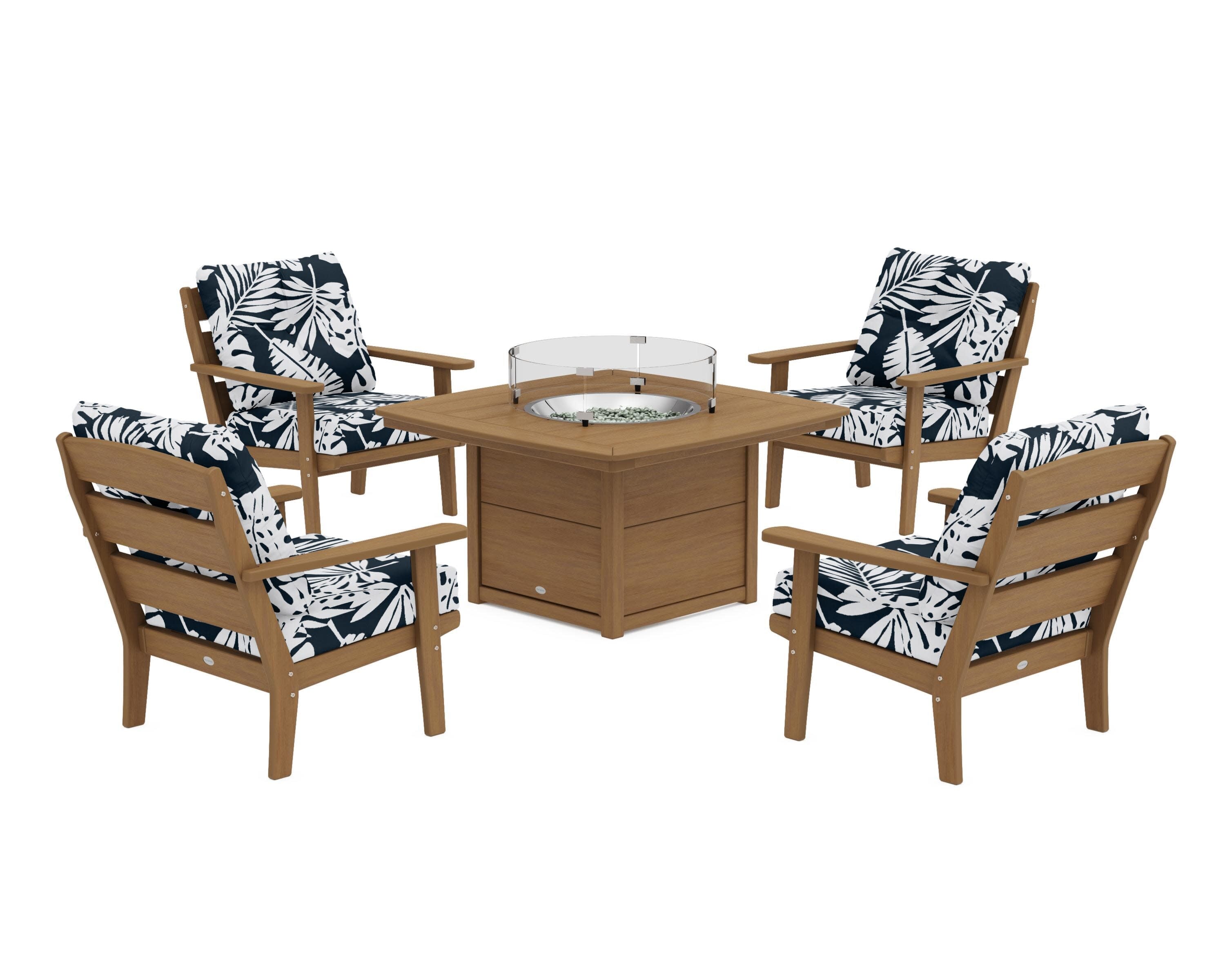 Lakeside 5-Piece Deep Seating Set with Nautical Fire Pit Table in Natural / Leaf Marine Indigo