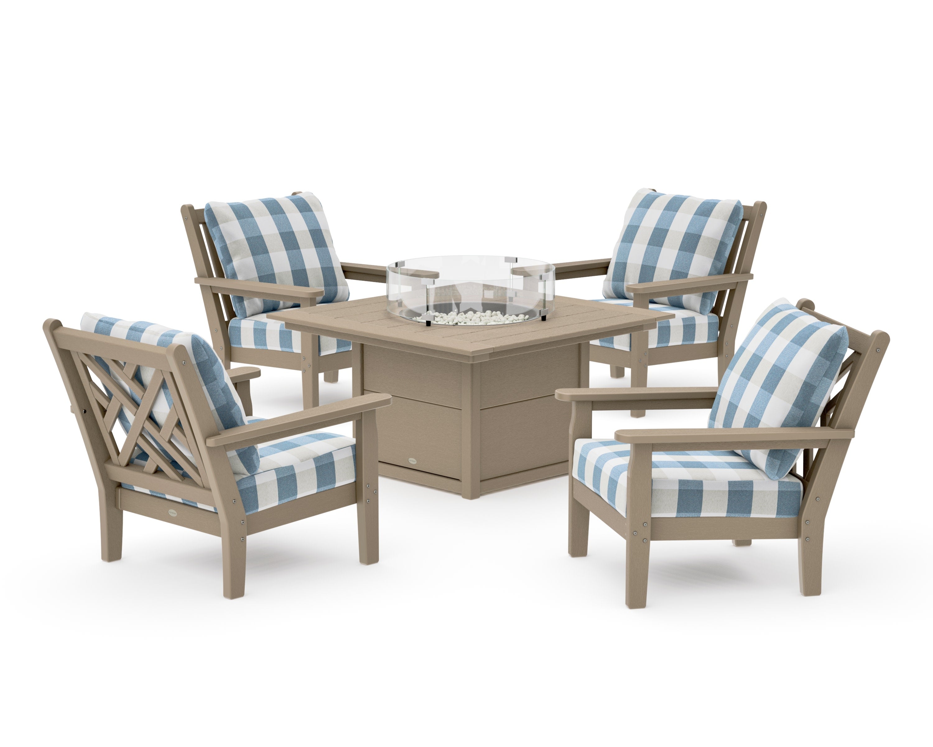 Chippendale 5-Piece Deep Seating Set with Fire Pit Table in Vintage Sahara / Buffalo Plaid Sky Blue