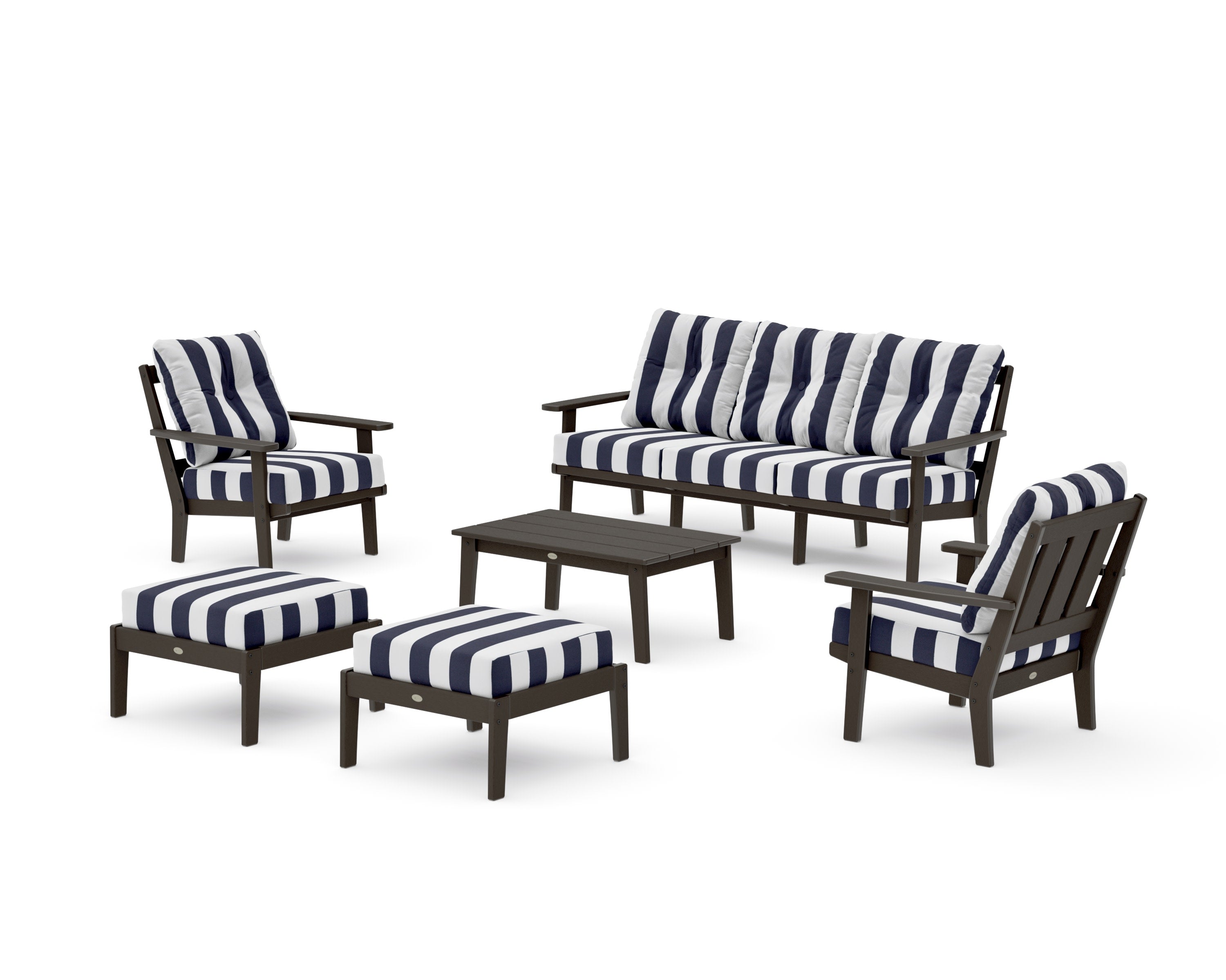 Oxford 6-Piece Lounge Sofa Set in Vintage Coffee / Cabana Stripe Navy