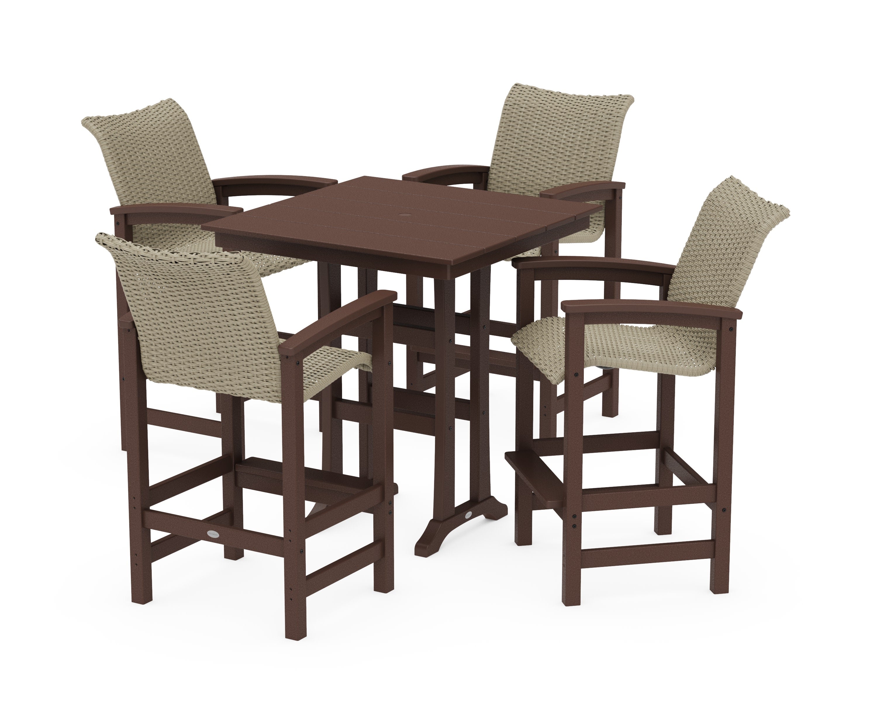 Coastal Woven 5-Piece Farmhouse Bar Set with Trestle Legs in Mahogany / Dune Grass