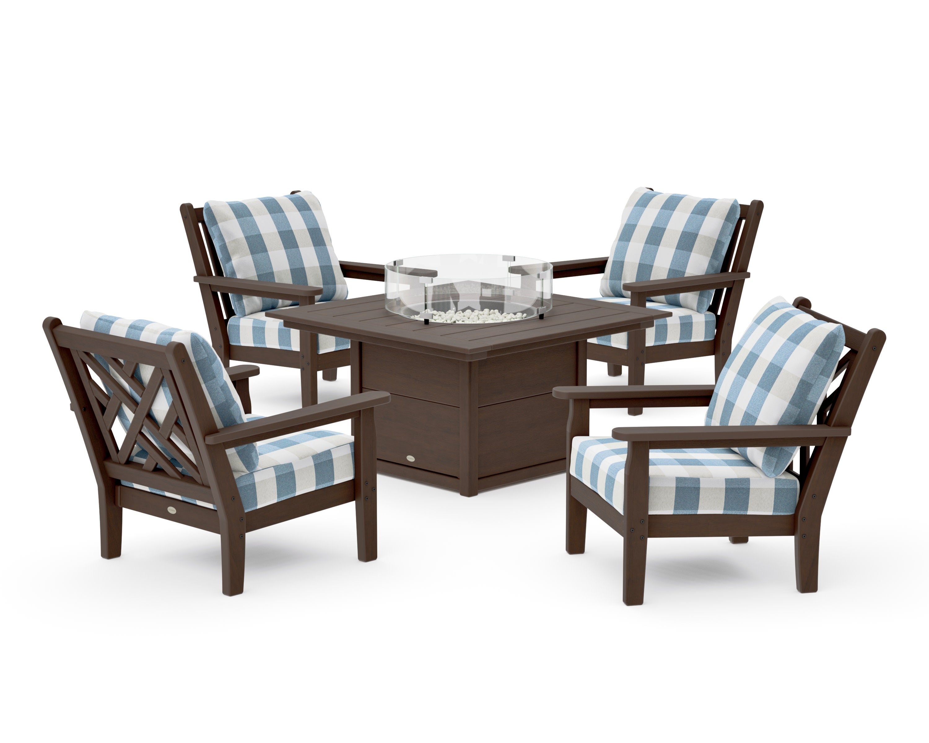 Chippendale 5-Piece Deep Seating Set with Fire Pit Table in Kona / Buffalo Plaid Sky Blue