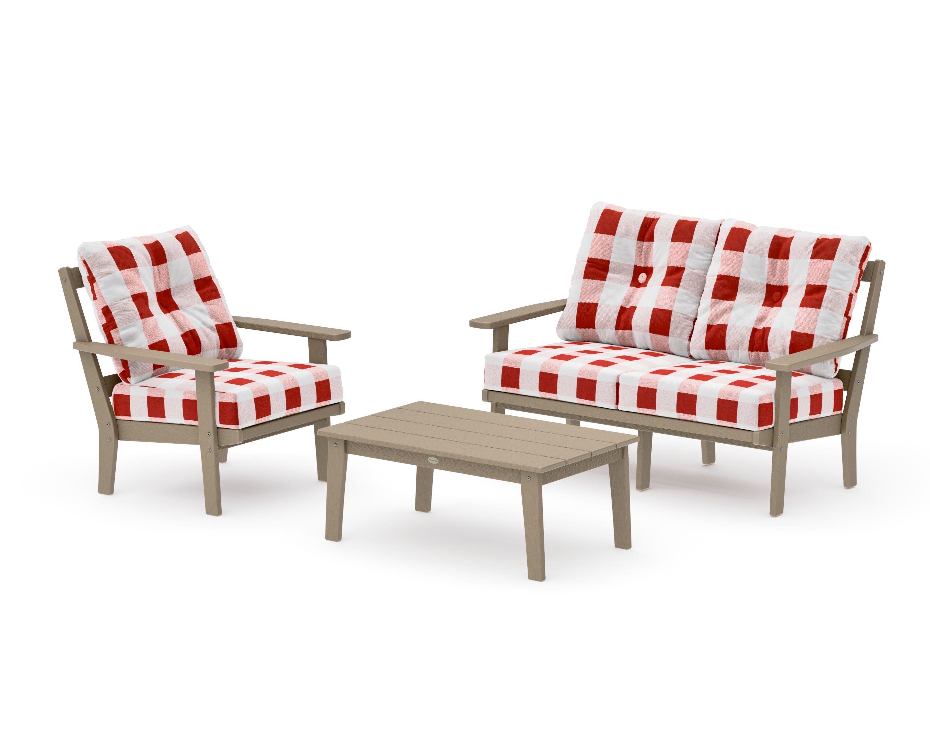 Prairie 3-Piece Deep Seating Set with Loveseat in Vintage Sahara / Buffalo Plaid Crimson
