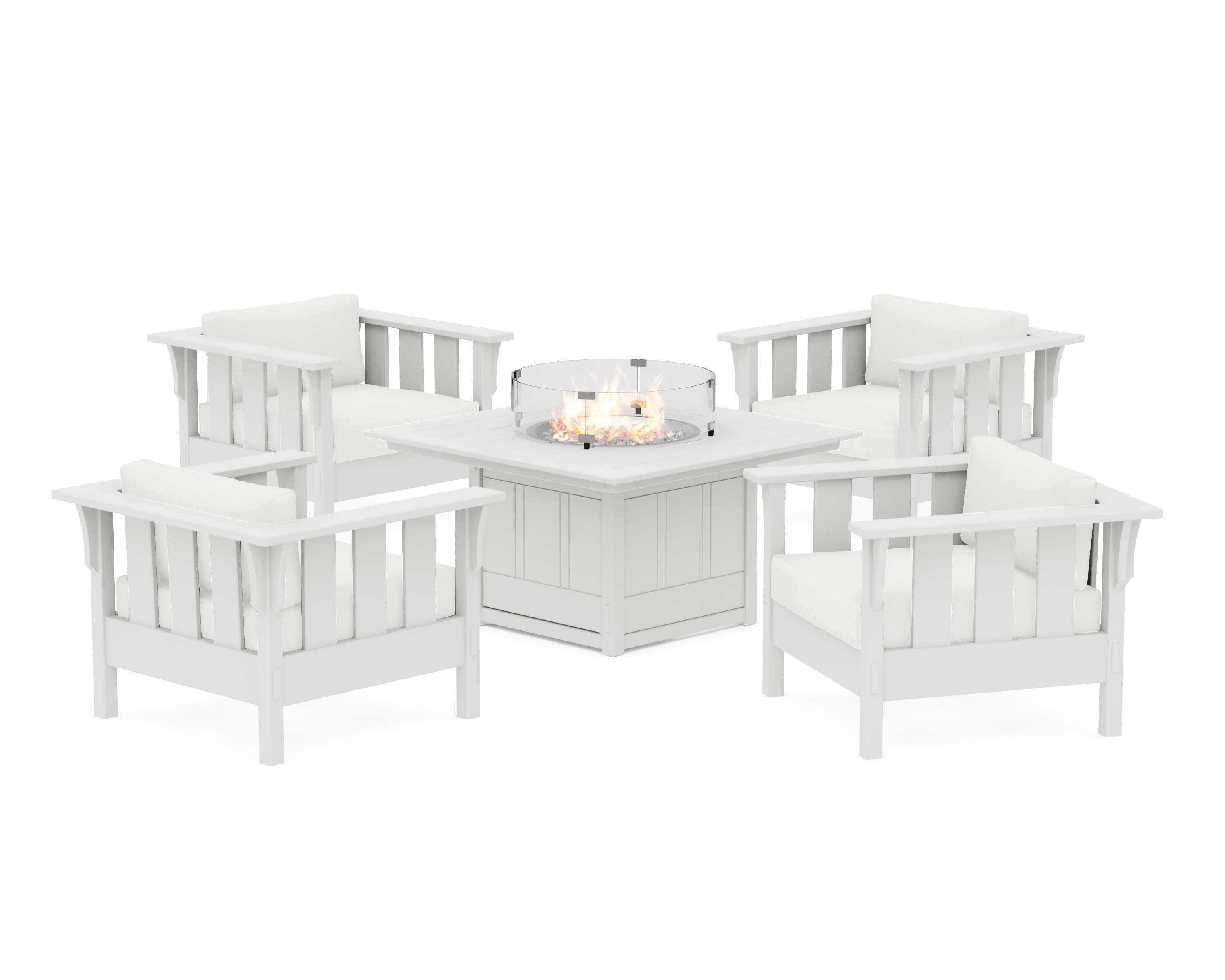 Acadia 5-Piece Deep Seating Set with Fire Pit Table in White / Natural Linen
