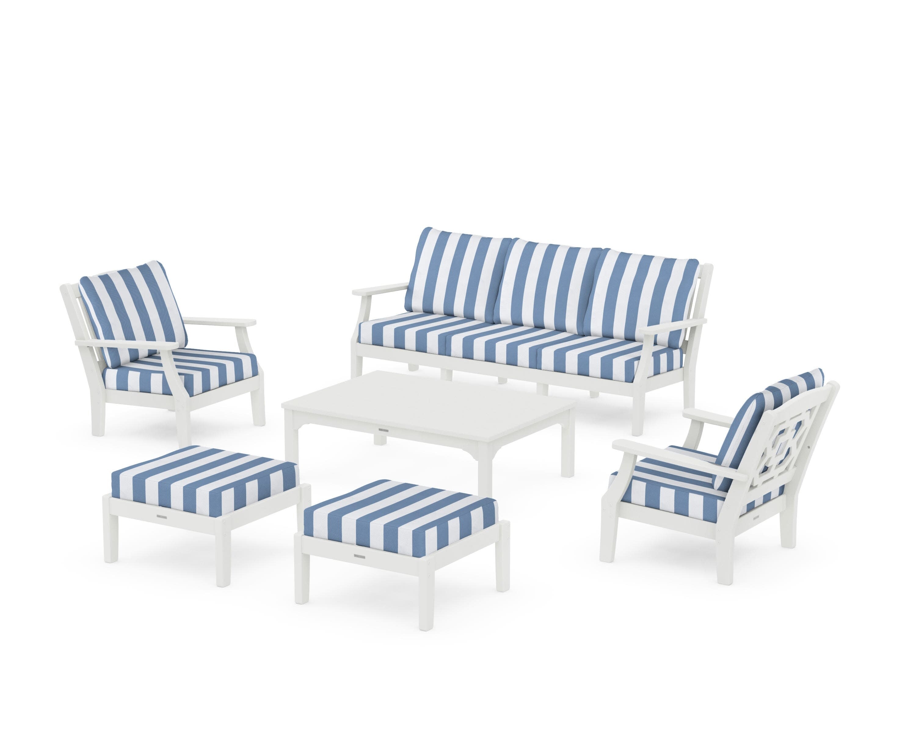 Chinoiserie 6-Piece Lounge Sofa Set in Vintage White / Cabana Stripe Sky Blue