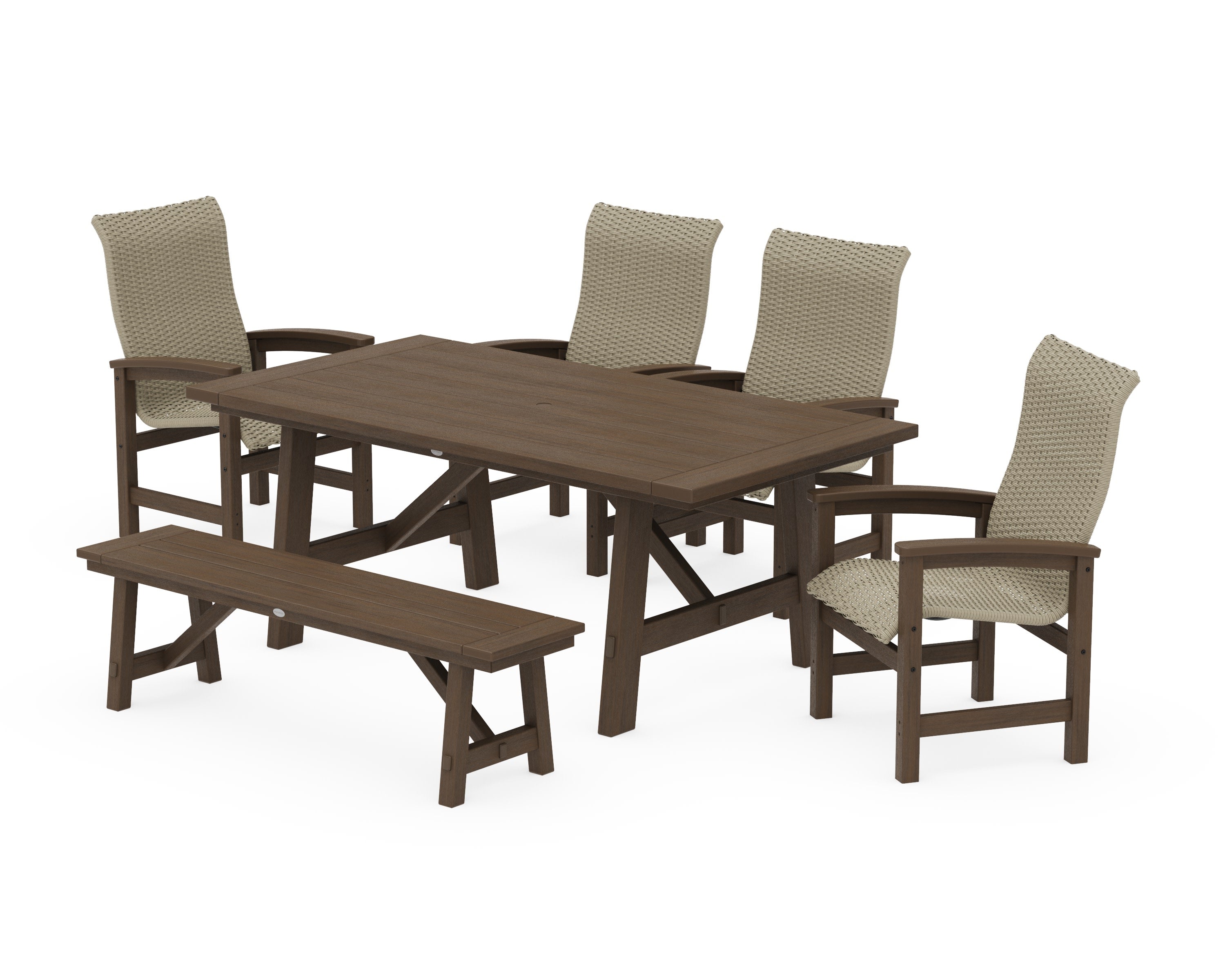 Coastal Woven High-Back 6-Piece Rustic Farmhouse Dining Set with Bench in Kona / Dune Grass