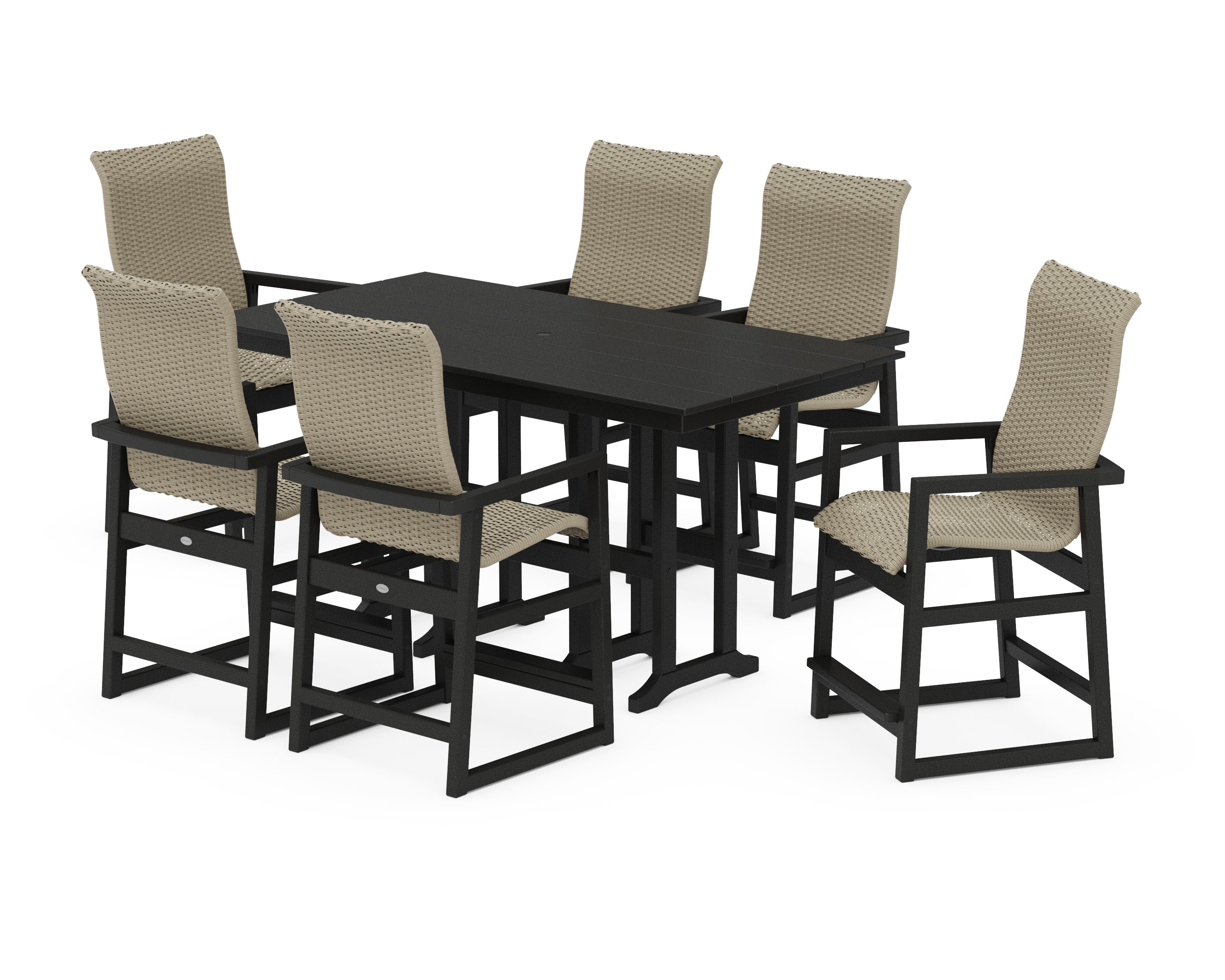 EDGE Woven Highback Arm Chair 7-Piece Farmhouse Counter Set in Black / Dune Grass