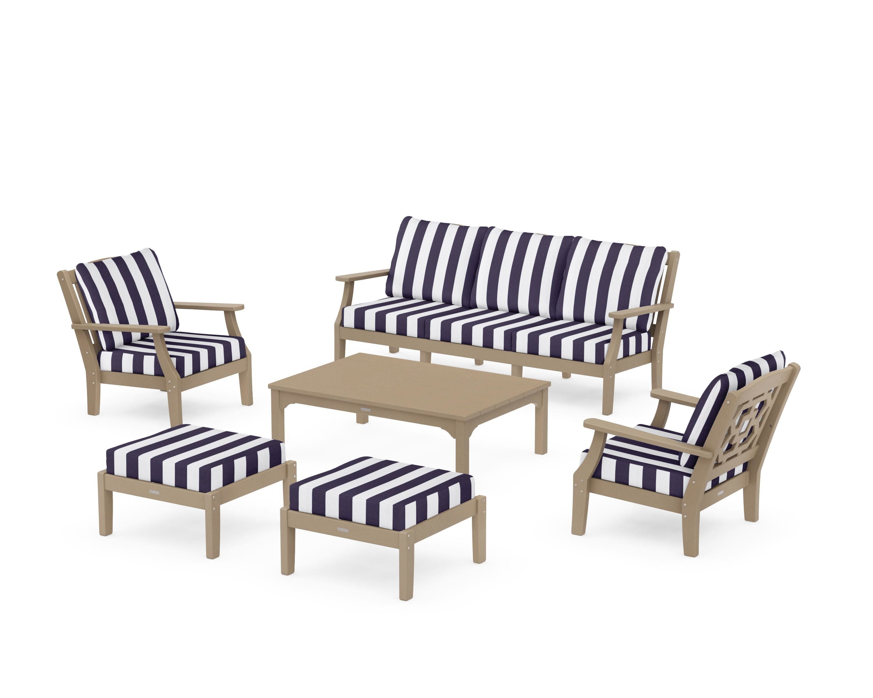 Chinoiserie 6-Piece Lounge Sofa Set in Vintage Sahara / Cabana Stripe Navy