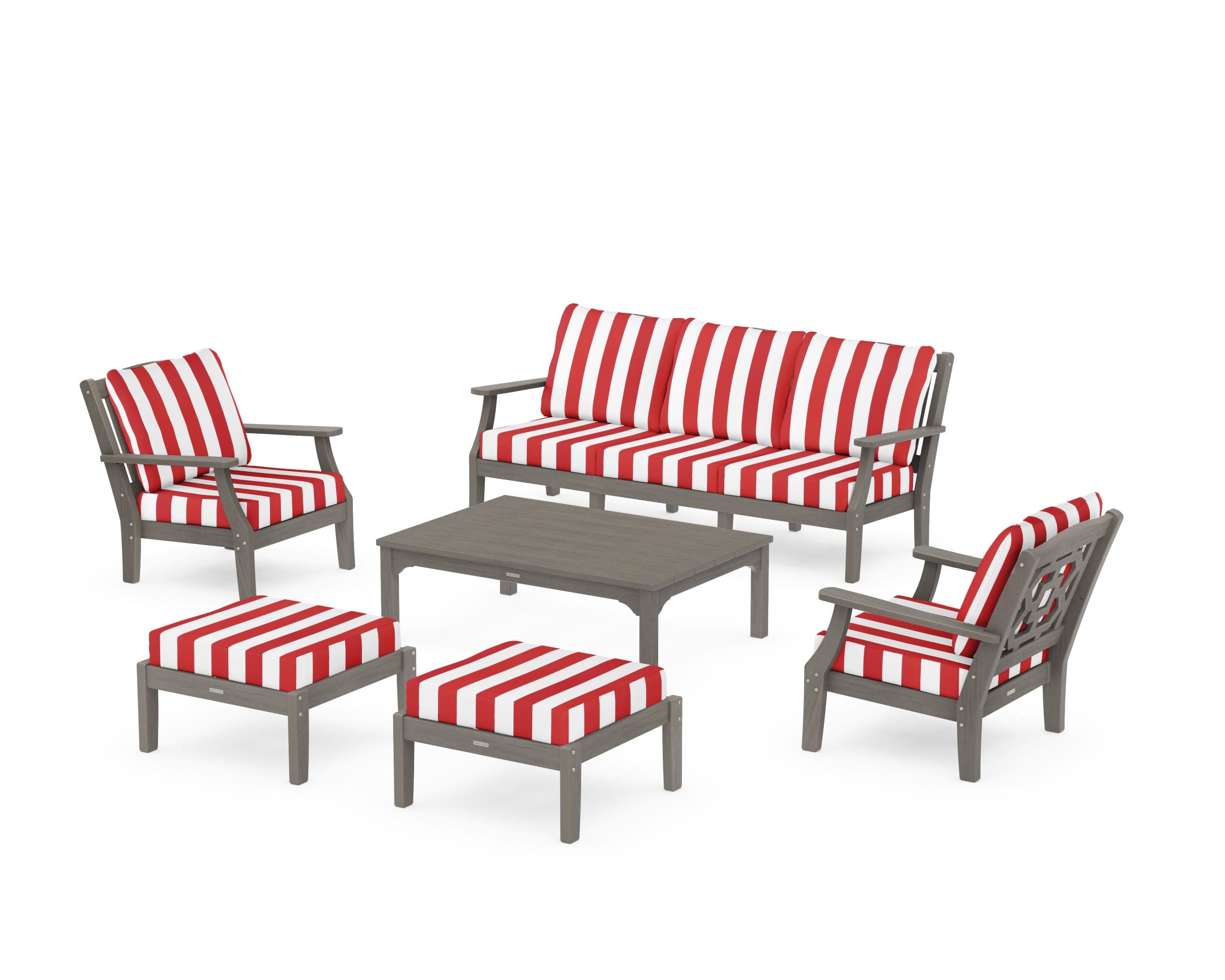 Chinoiserie 6-Piece Lounge Sofa Set in Driftwood / Cabana Stripe Crimson