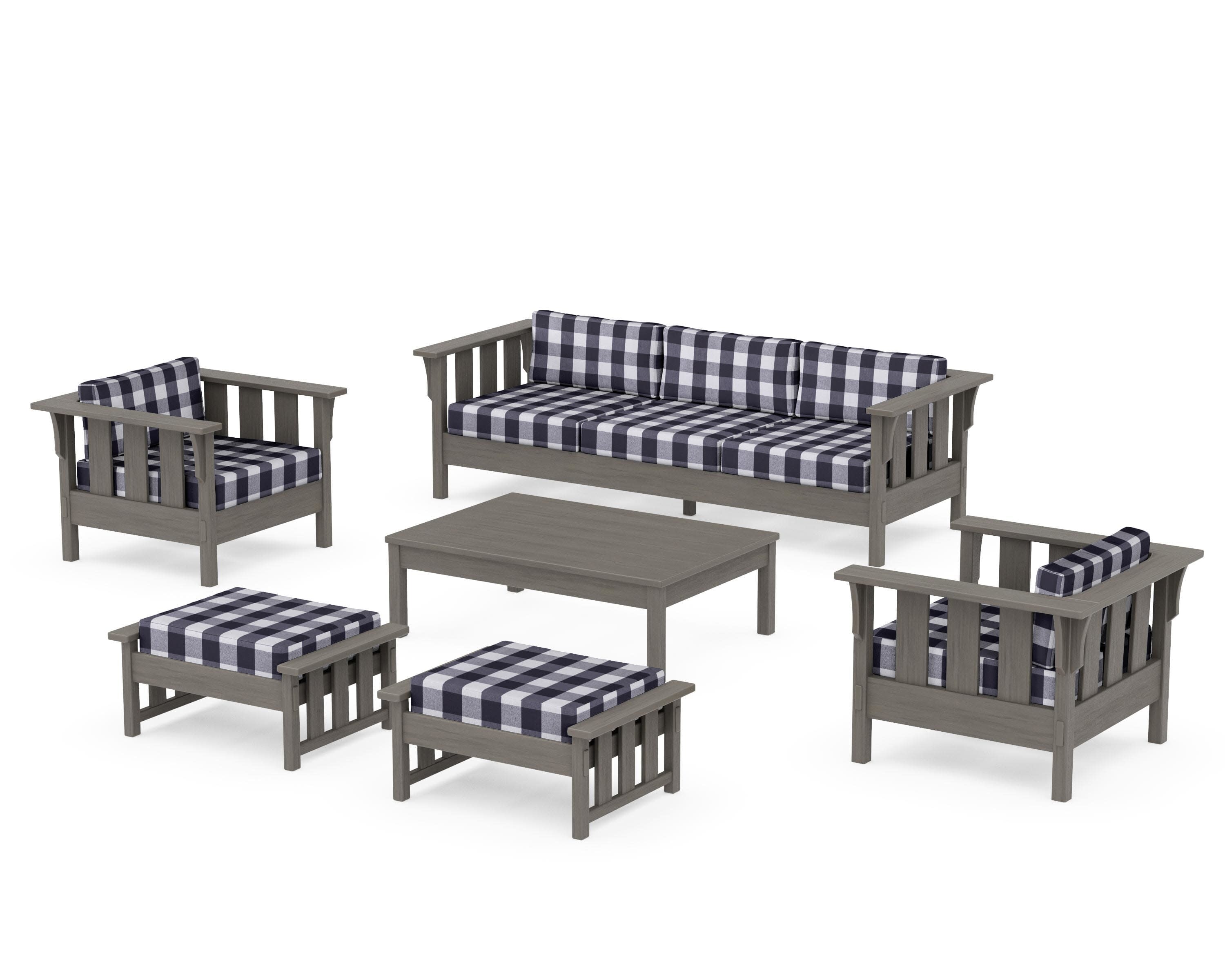 Acadia 6-Piece Lounge Sofa Set in Driftwood / Buffalo Plaid Navy