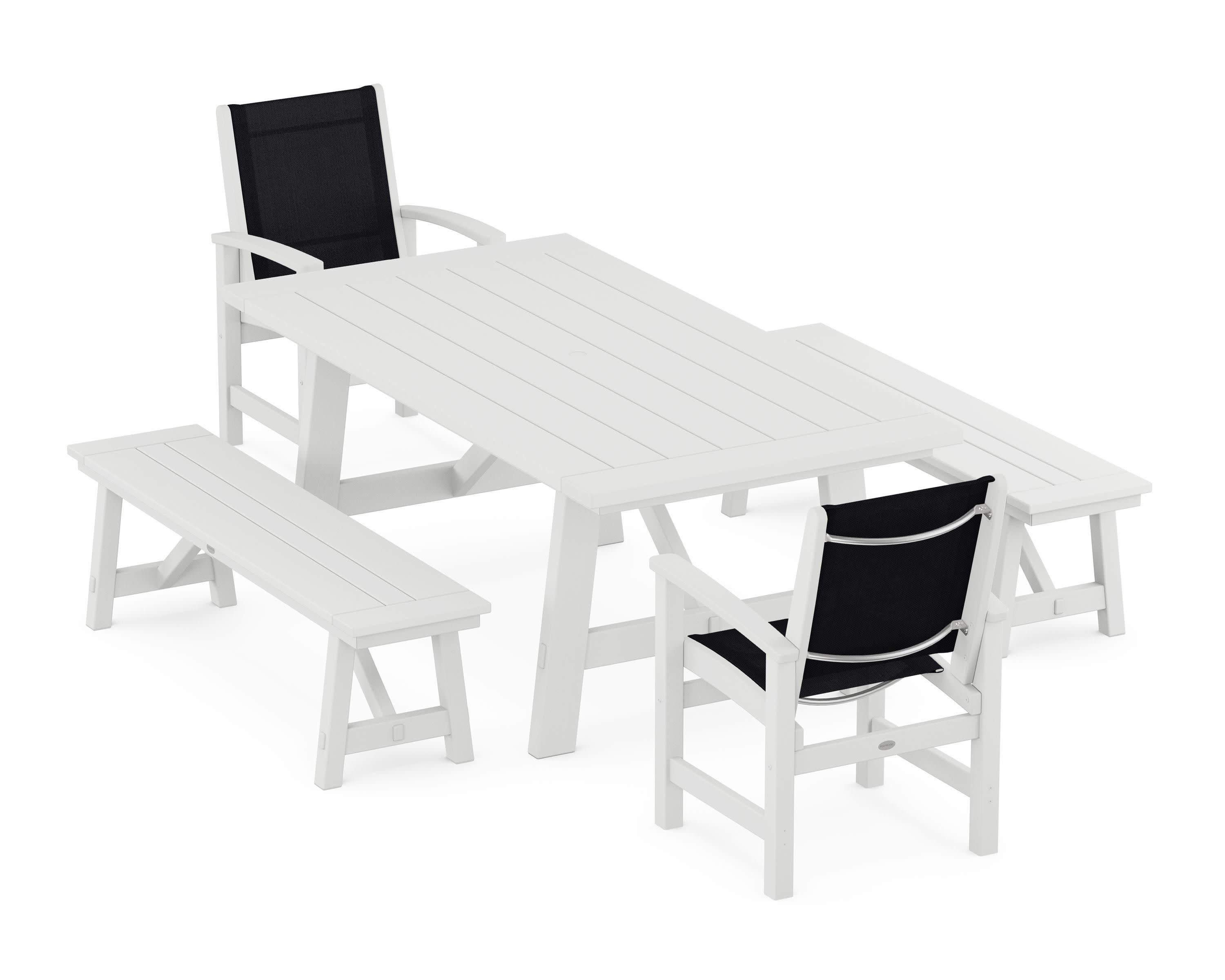 Coastal 5-Piece Rustic Farmhouse Dining Set With Benches in White / Black Sling
