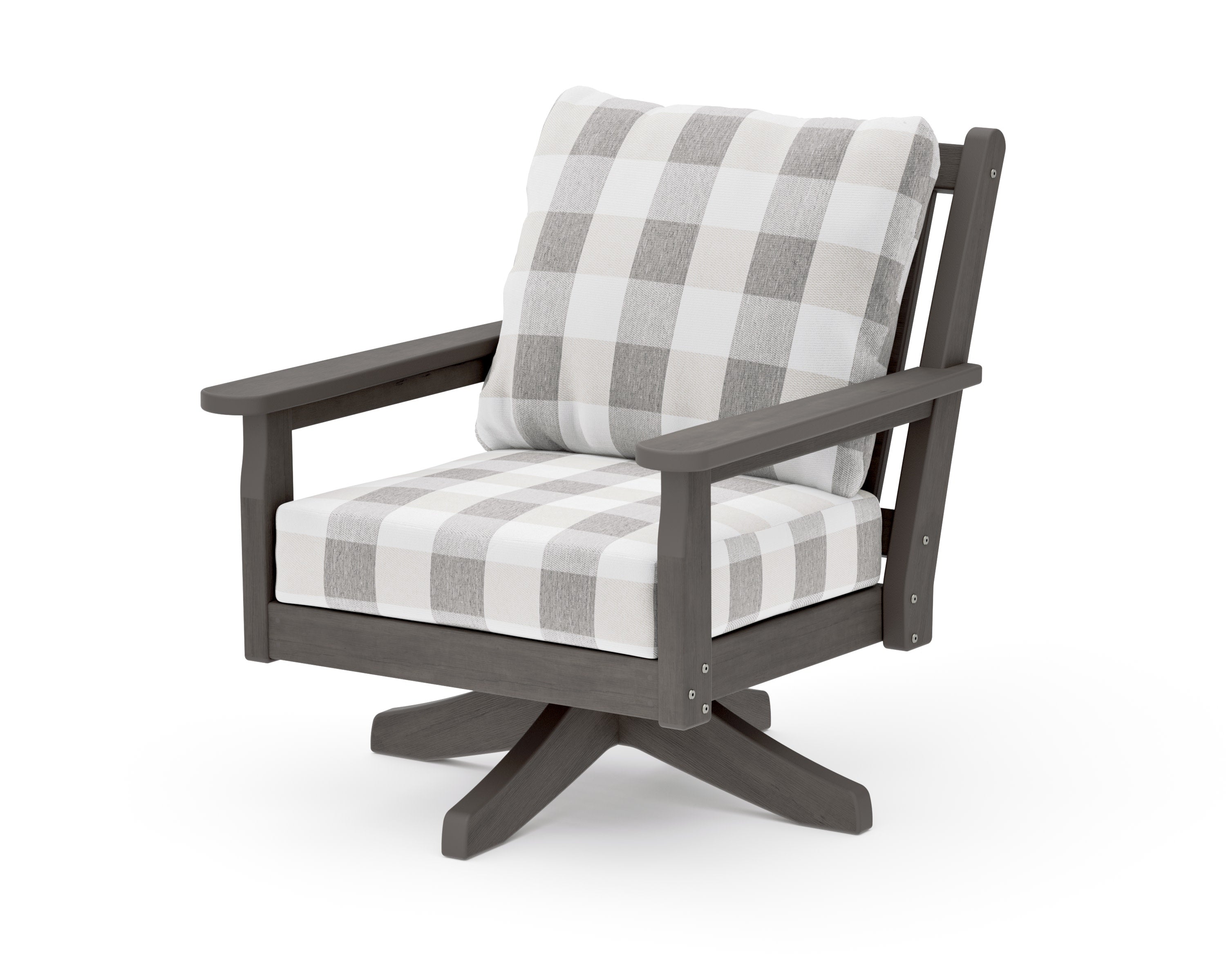 Chippendale Deep Seating Swivel Chair in Driftwood / Buffalo Plaid Grey Mist