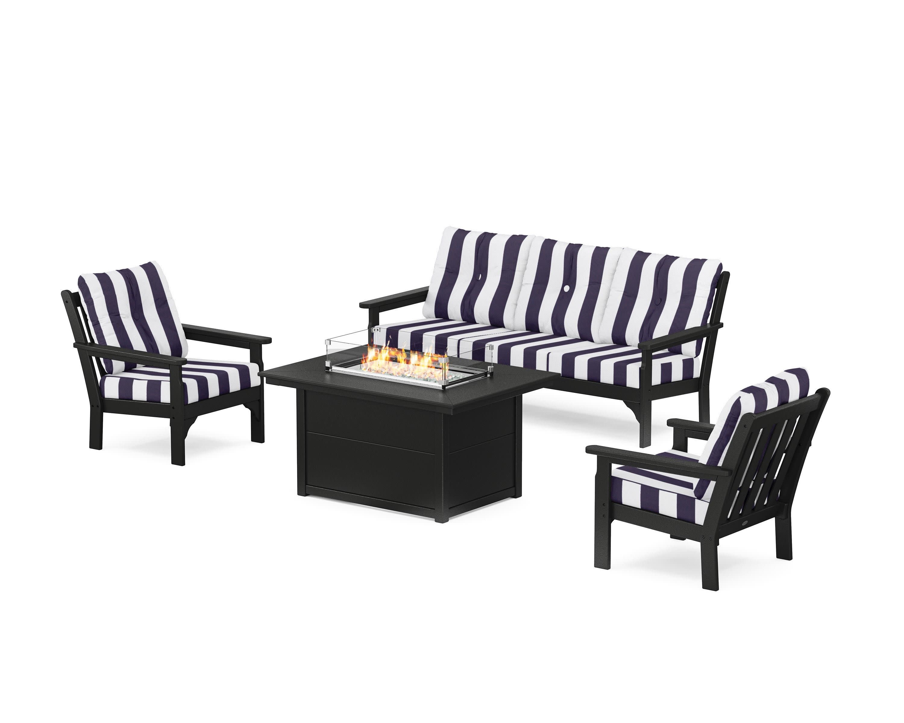 Vineyard Deep Seating Fire Pit Table Set in Black / Cabana Stripe Navy