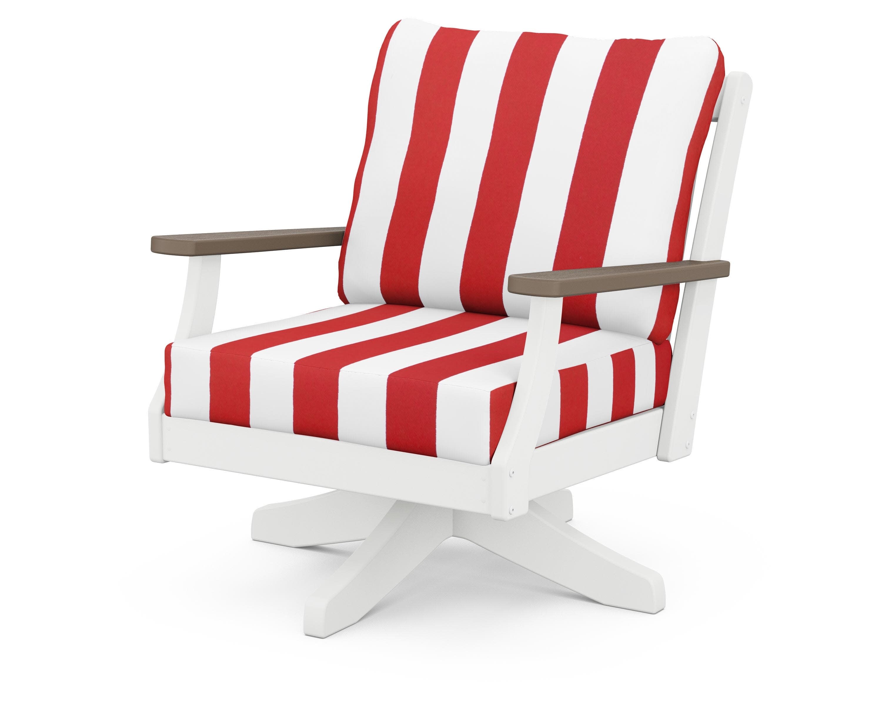 Braxton Deep Seating Swivel Chair in White / Kona / Cabana Stripe Crimson