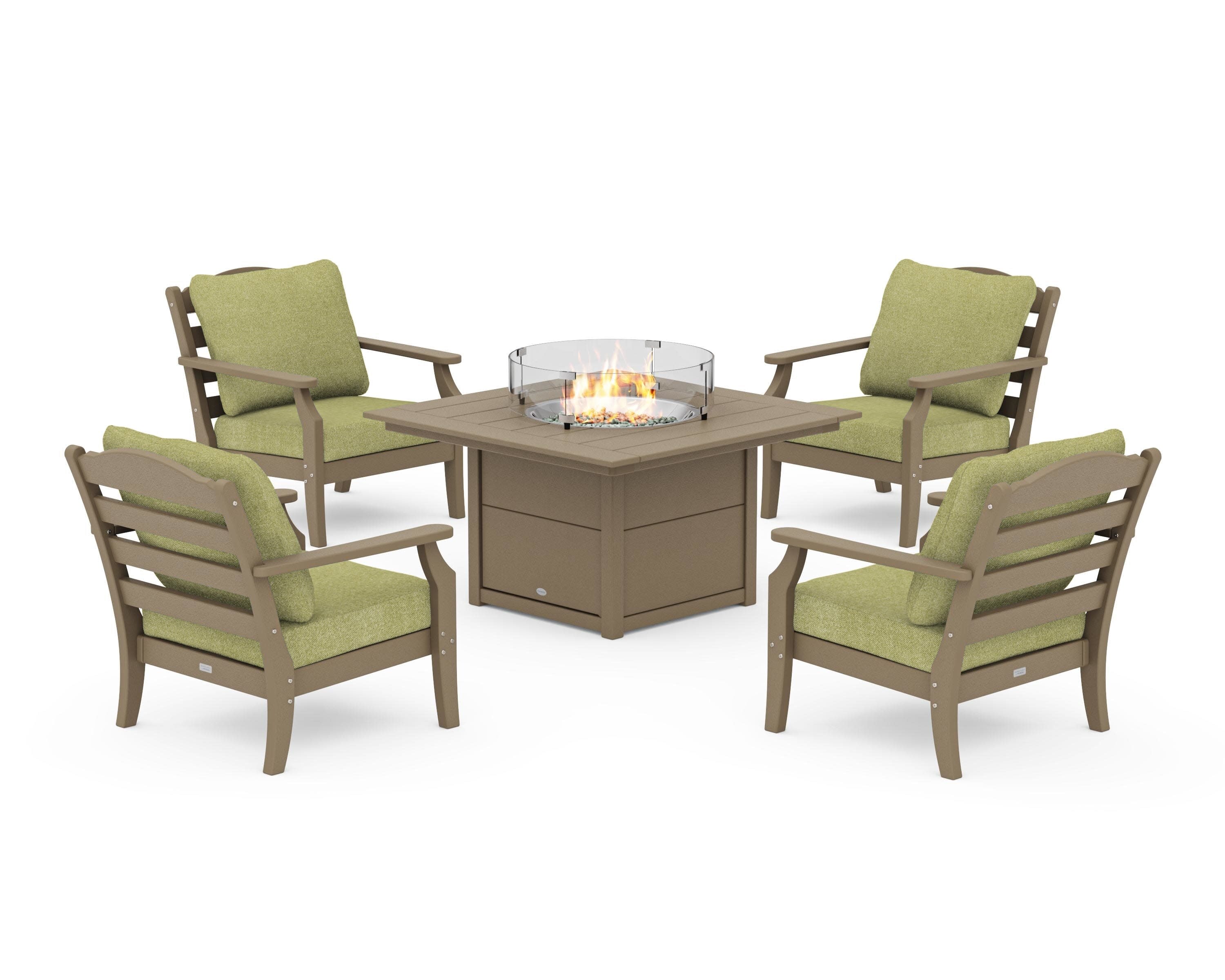 Savannah 5-Piece Deep Seating Set with Fire Pit Table in Vintage Sahara / Chartreuse Boucle
