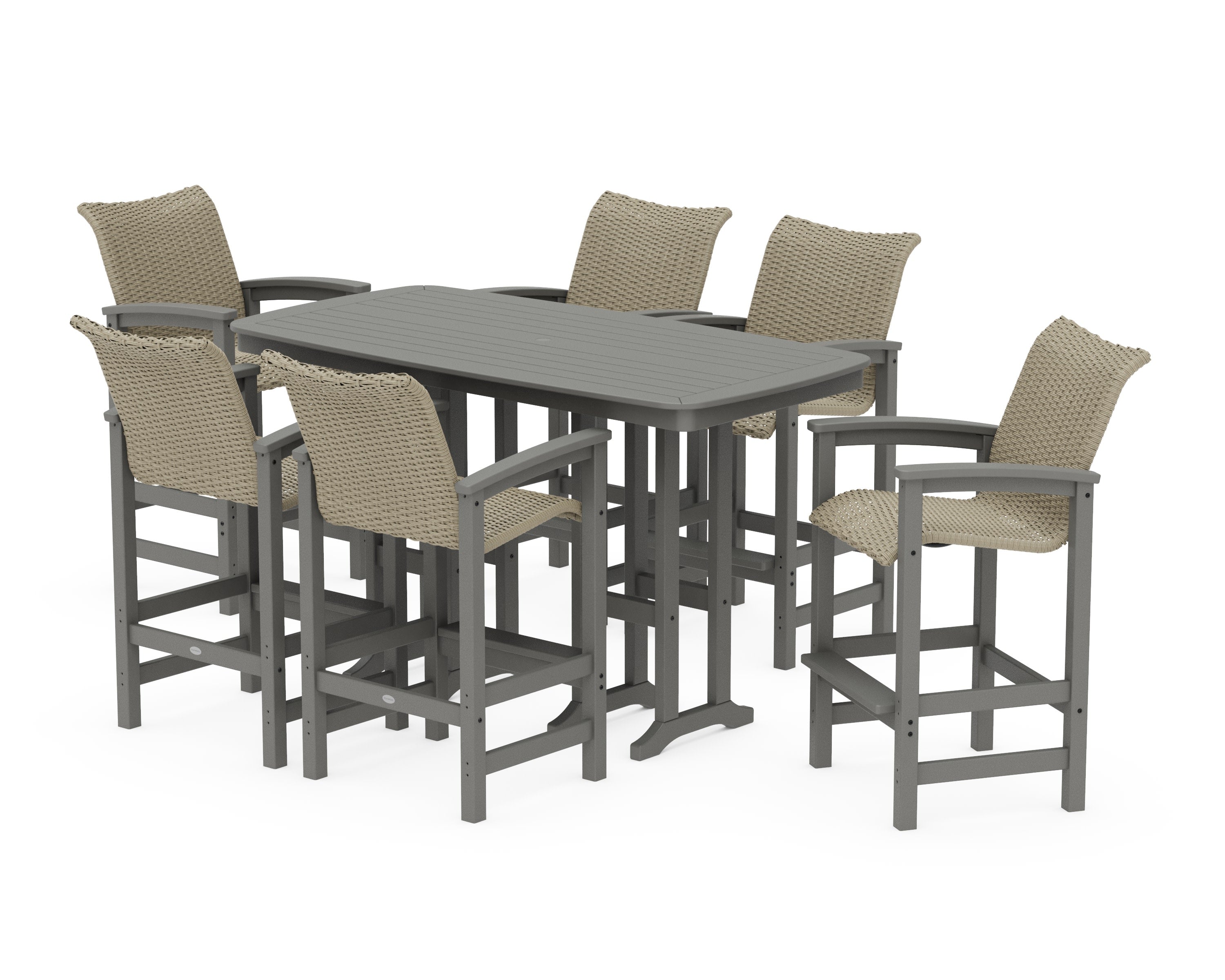 Coastal Woven Arm Chair 7-Piece Bar Set in Slate Grey / Dune Grass