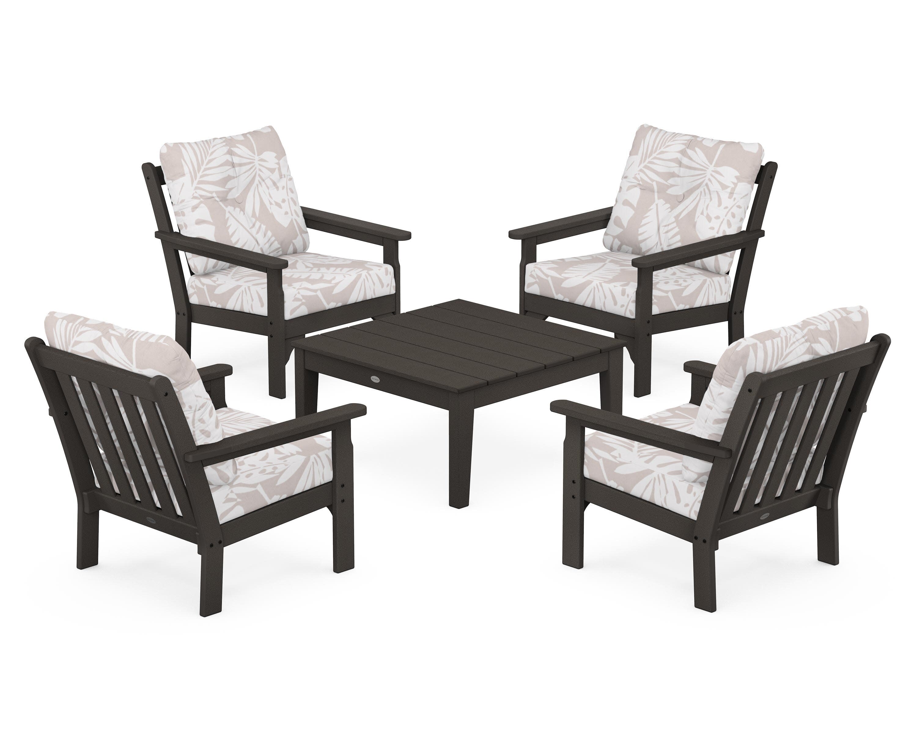 Vineyard 5-Piece Deep Seating Conversation Set in Vintage Coffee / Leaf Dune Burlap