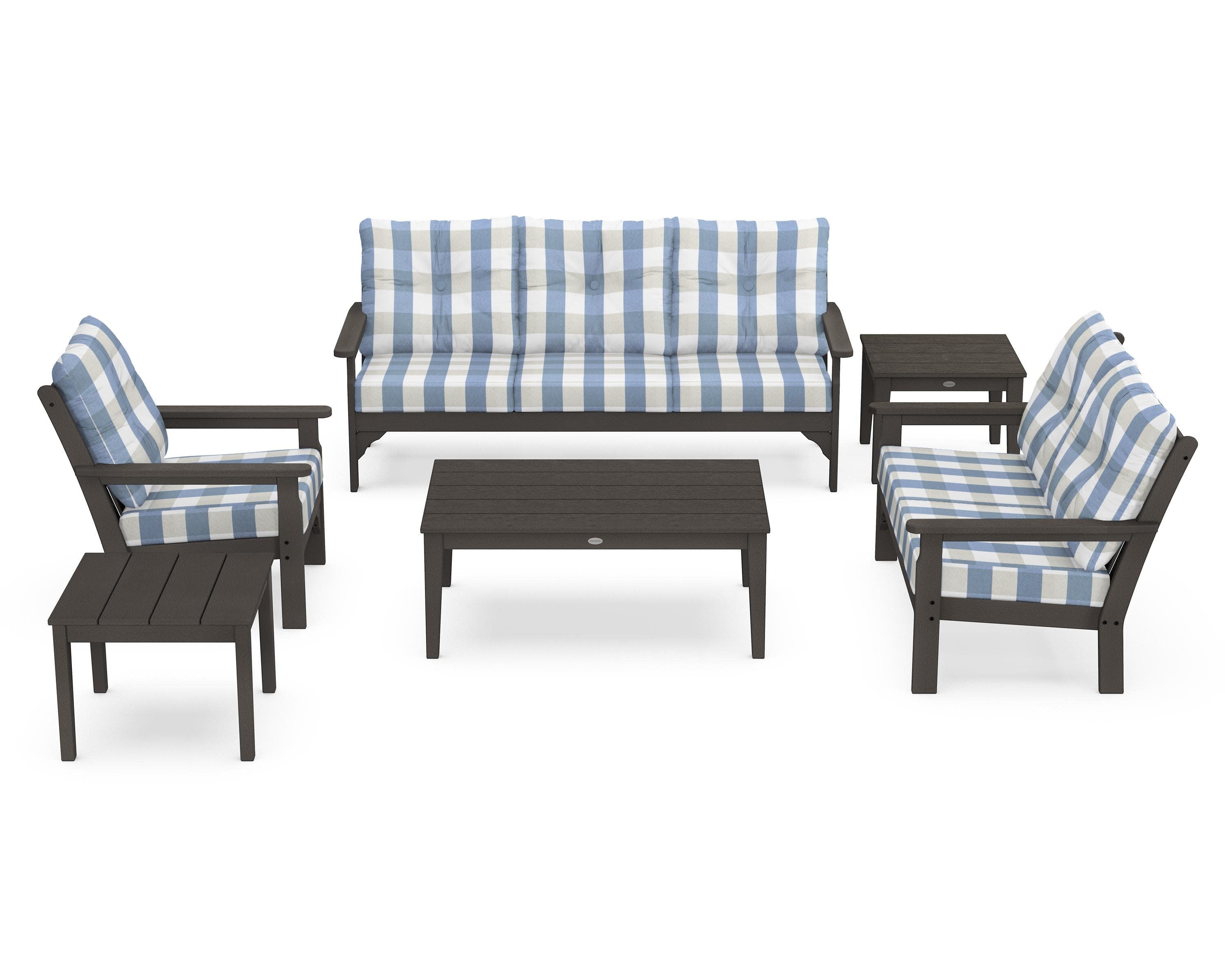 Vineyard 6-Piece Deep Seating Set in Vintage Coffee / Buffalo Plaid Sky Blue