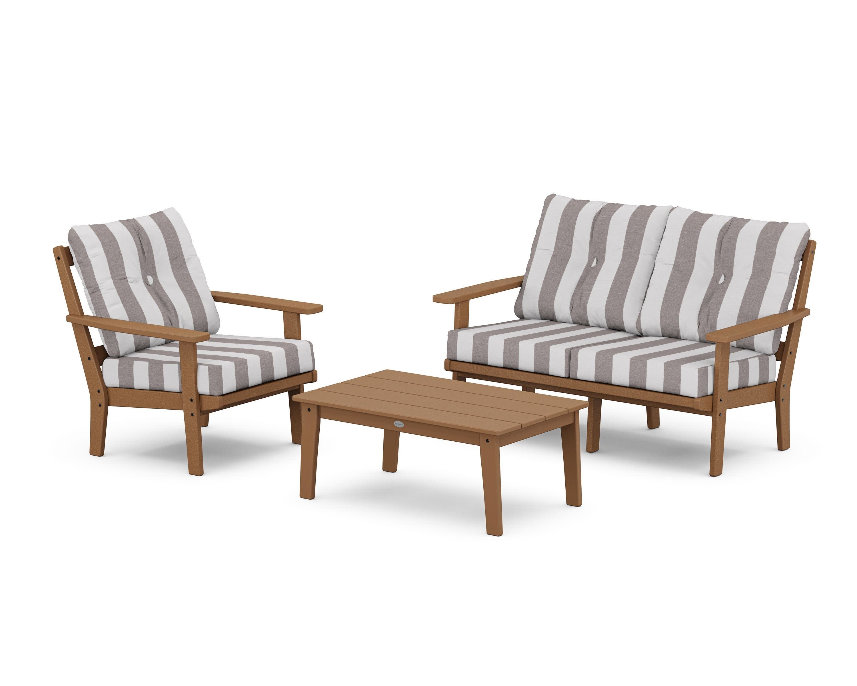 Oxford 3-Piece Deep Seating Set with Loveseat in Teak / Cabana Stripe Grey Mist