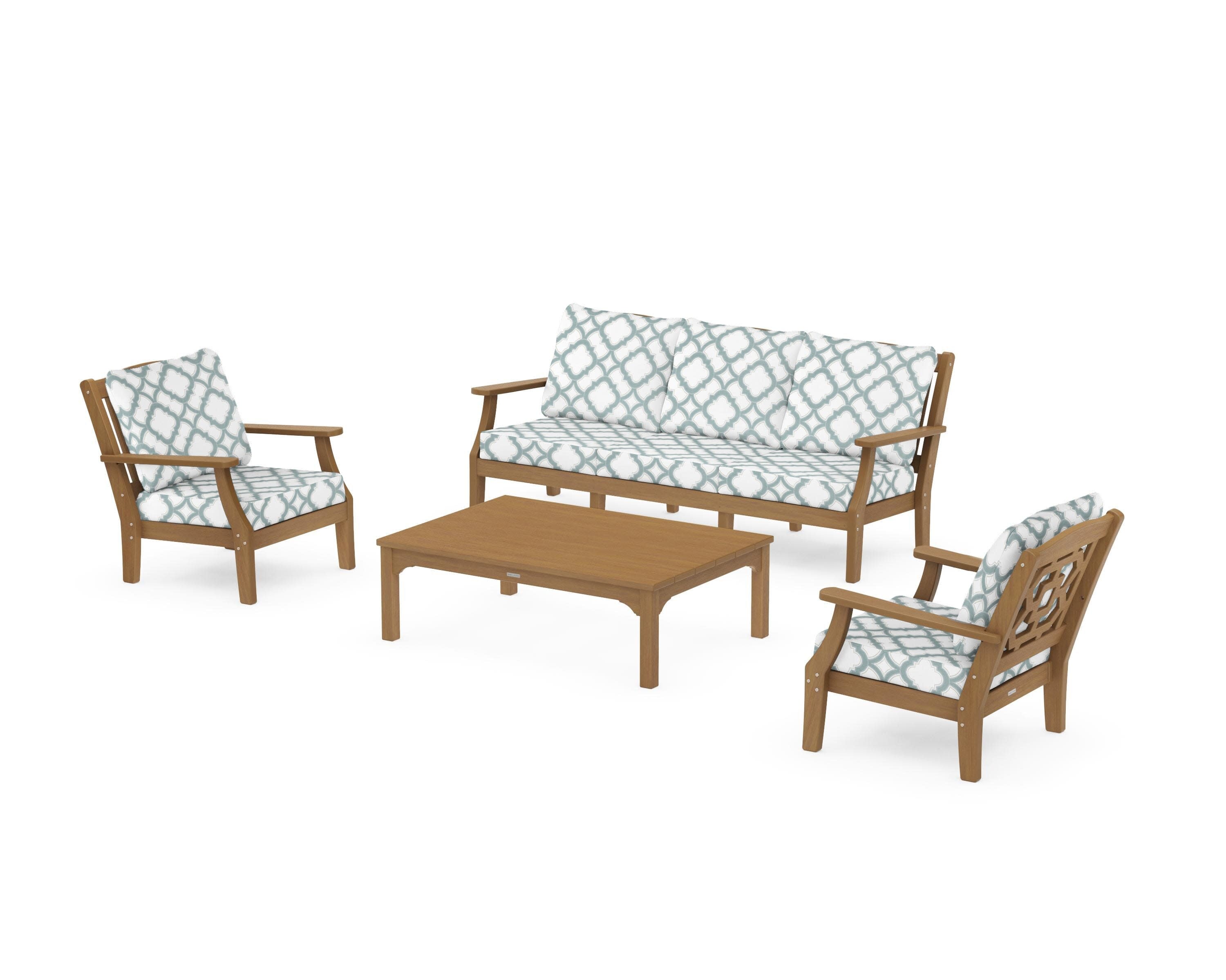Chinoiserie 4-Piece Deep Seating Set with Sofa in Natural / Trellis Glacier Spa