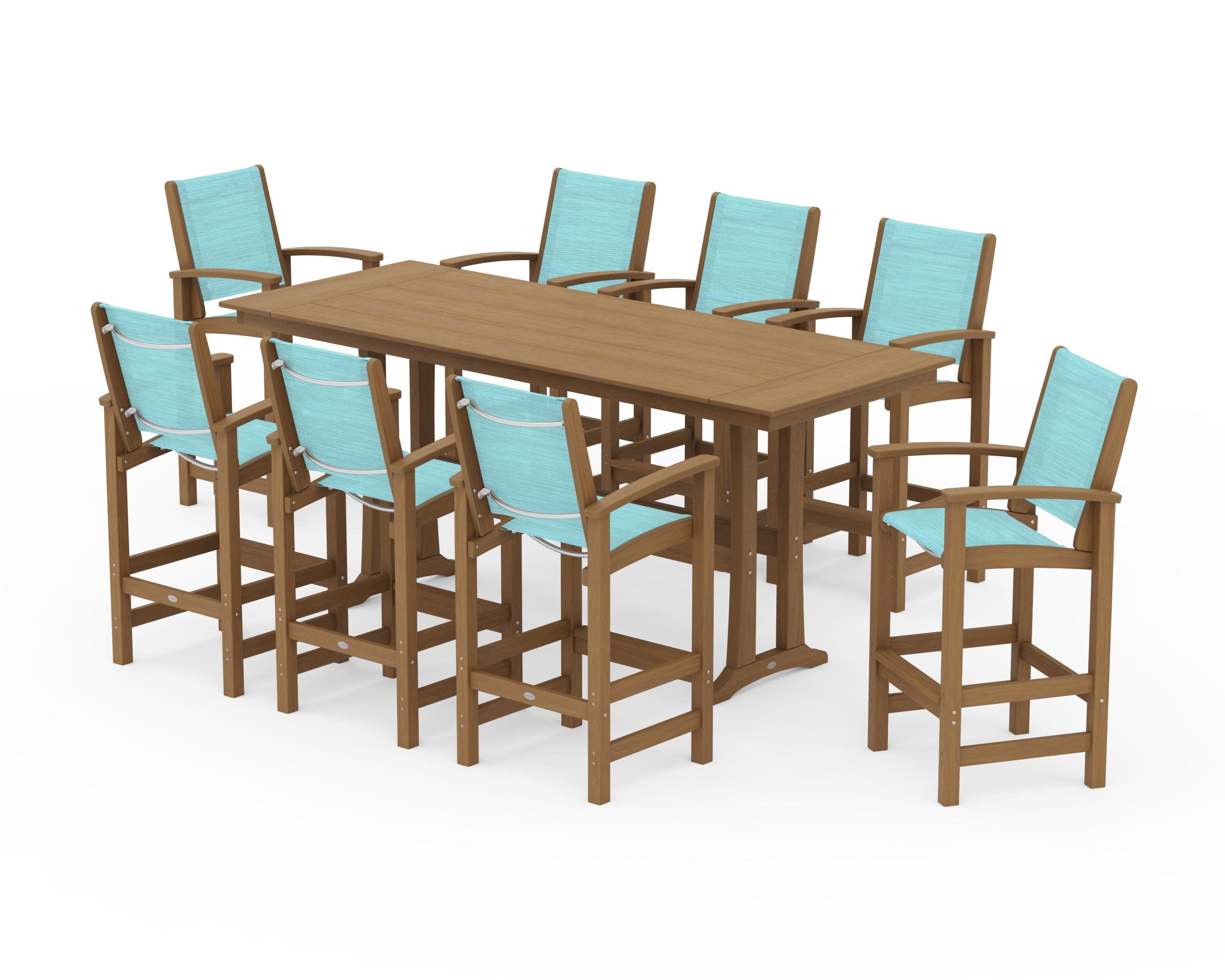 Coastal 9-Piece Farmhouse Bar Set with Trestle Legs in Natural / Dupioni Aquamarine Sling