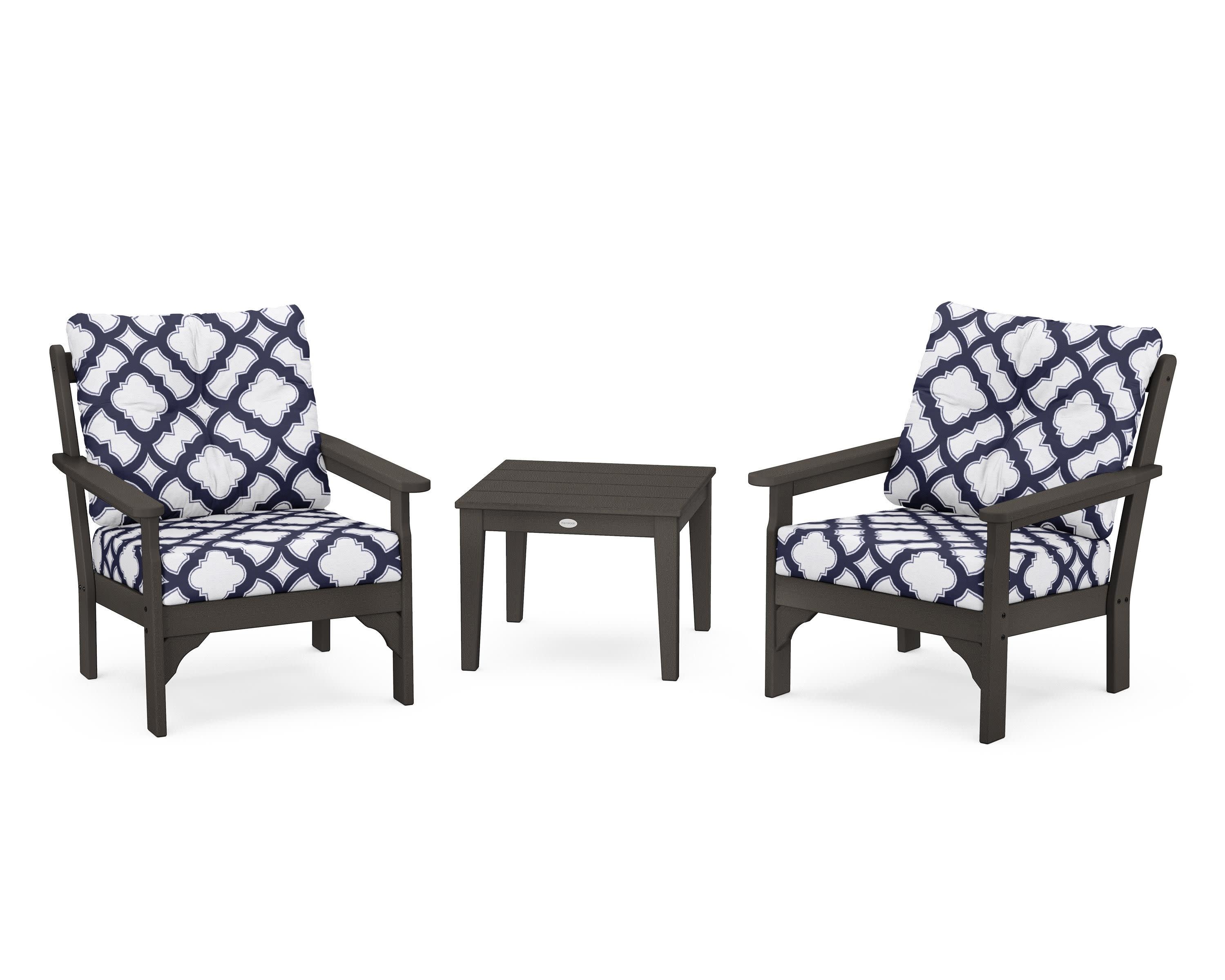 Vineyard 3-Piece Deep Seating Set in Vintage Coffee / Trellis Navy