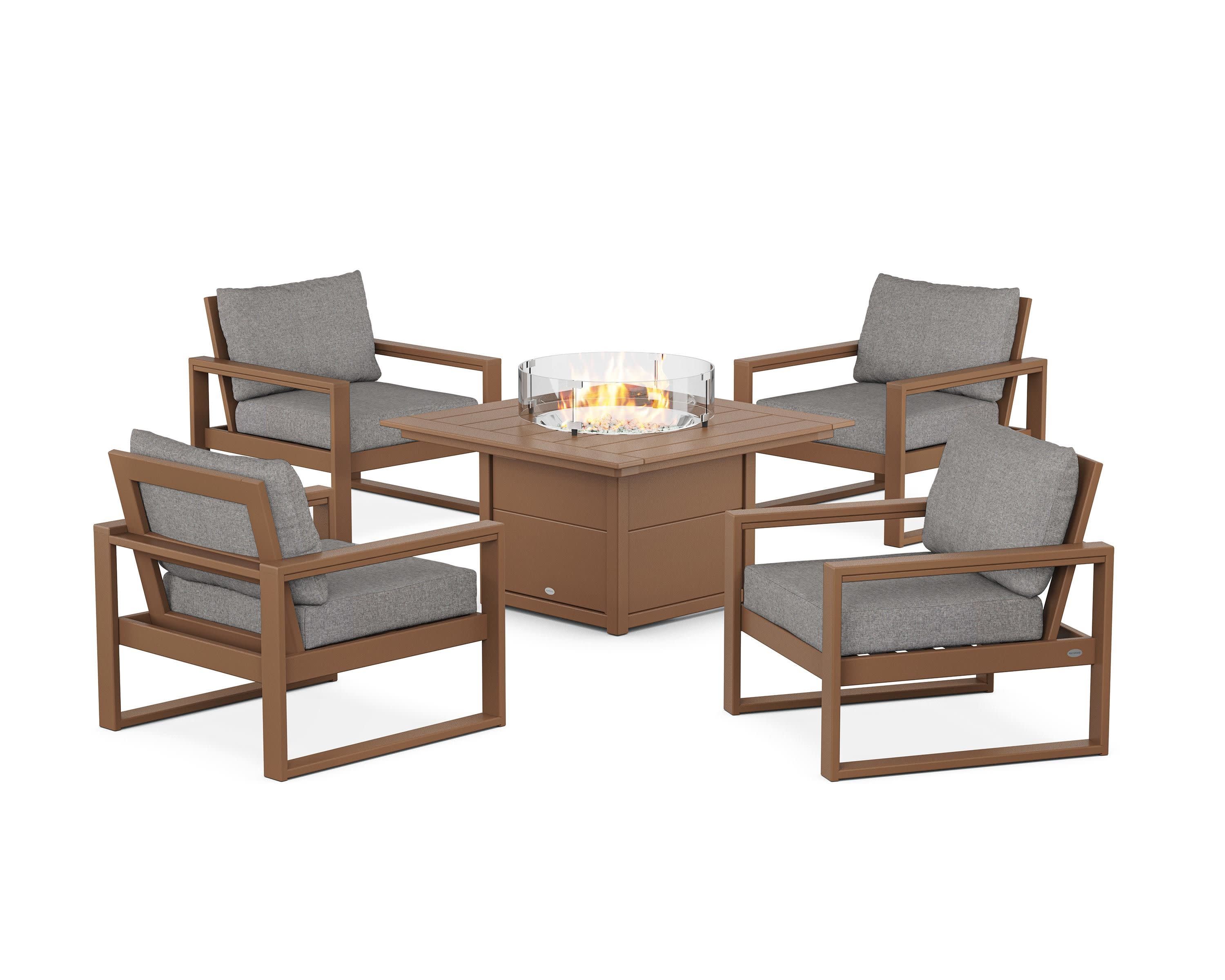 EDGE Sectional 5-Piece Deep Seating Set with Fire Pit Table in Teak / Grey Mist