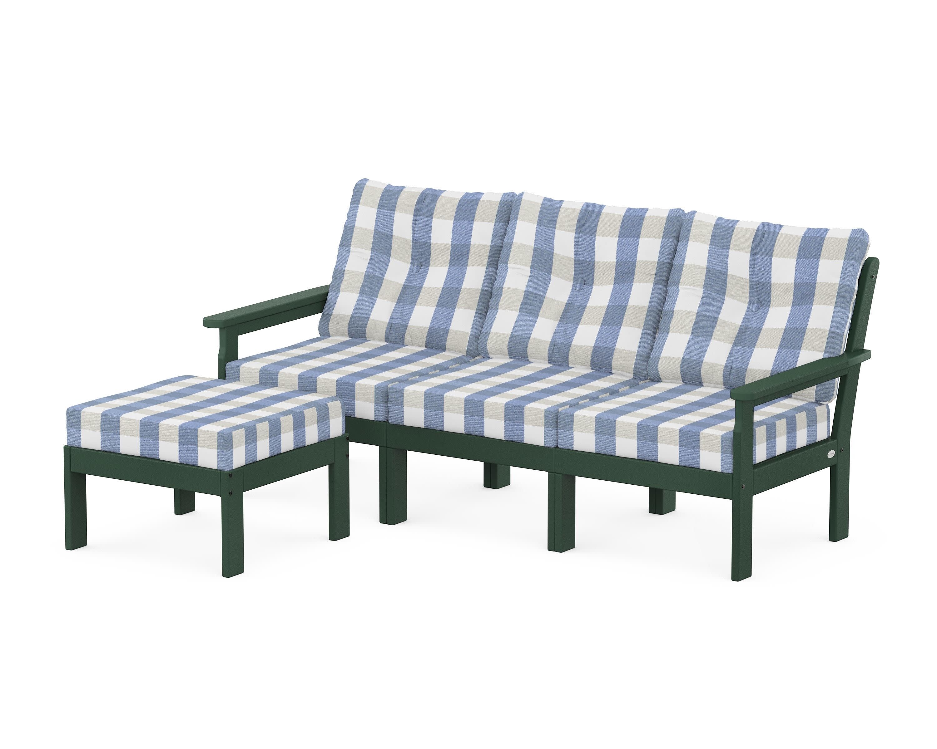 Vineyard 4-Piece Sectional with Ottoman in Green / Buffalo Plaid Sky Blue